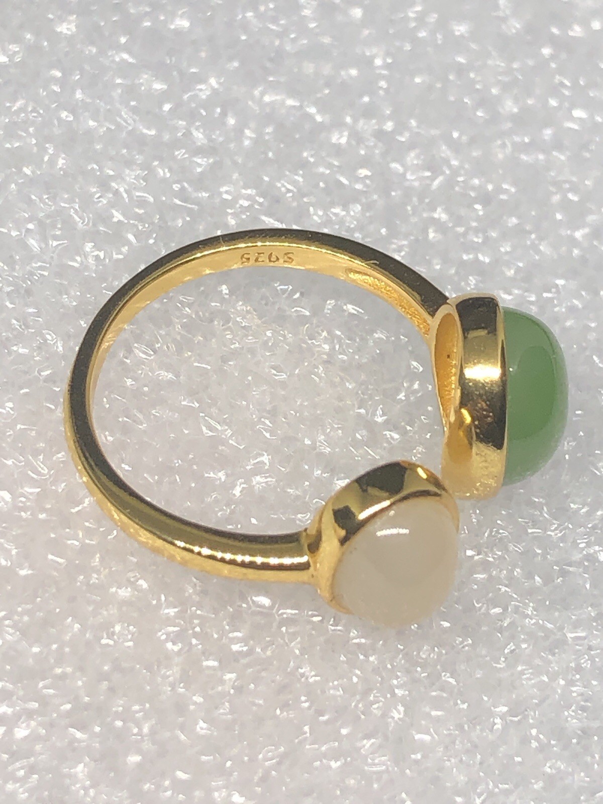 Adjustable Open Ring Gold Tone Hetian Green Pink Cabochon Bezel Fashion