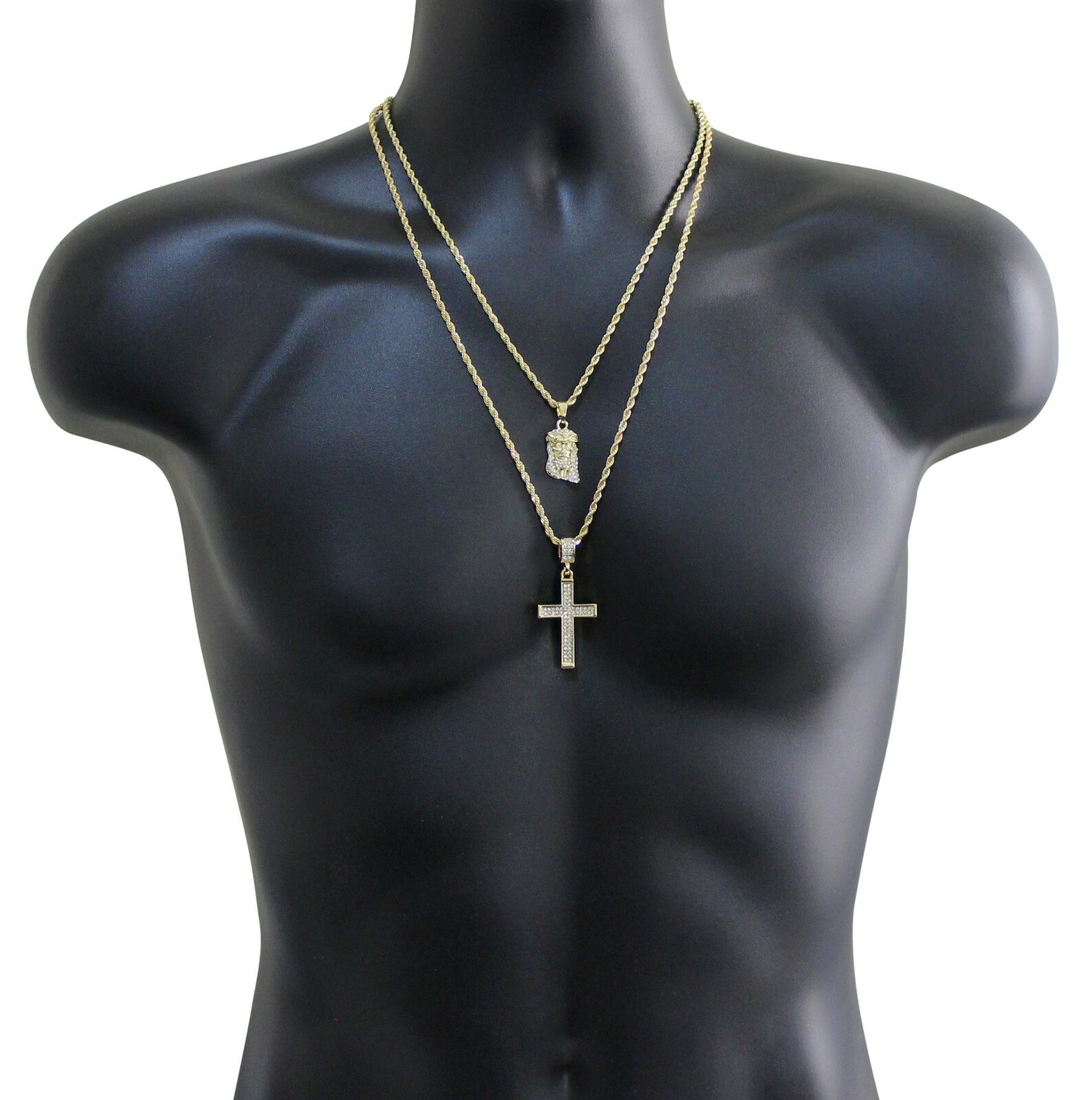 14k Gold Plated 2 pc Jesus & Cross 20″ 24″ Rope Chain Set Icy Cubic Zirconia