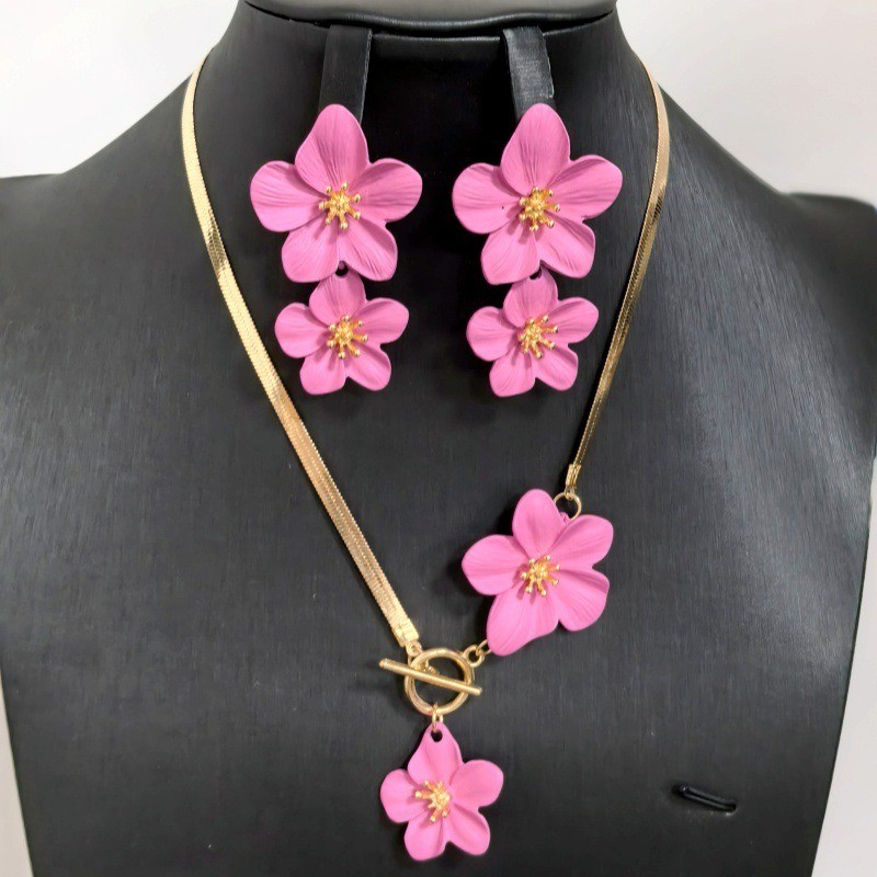 Women’s Rose Red Elegant Flower Pendant Necklace Earrings Jewelry Set Alloy