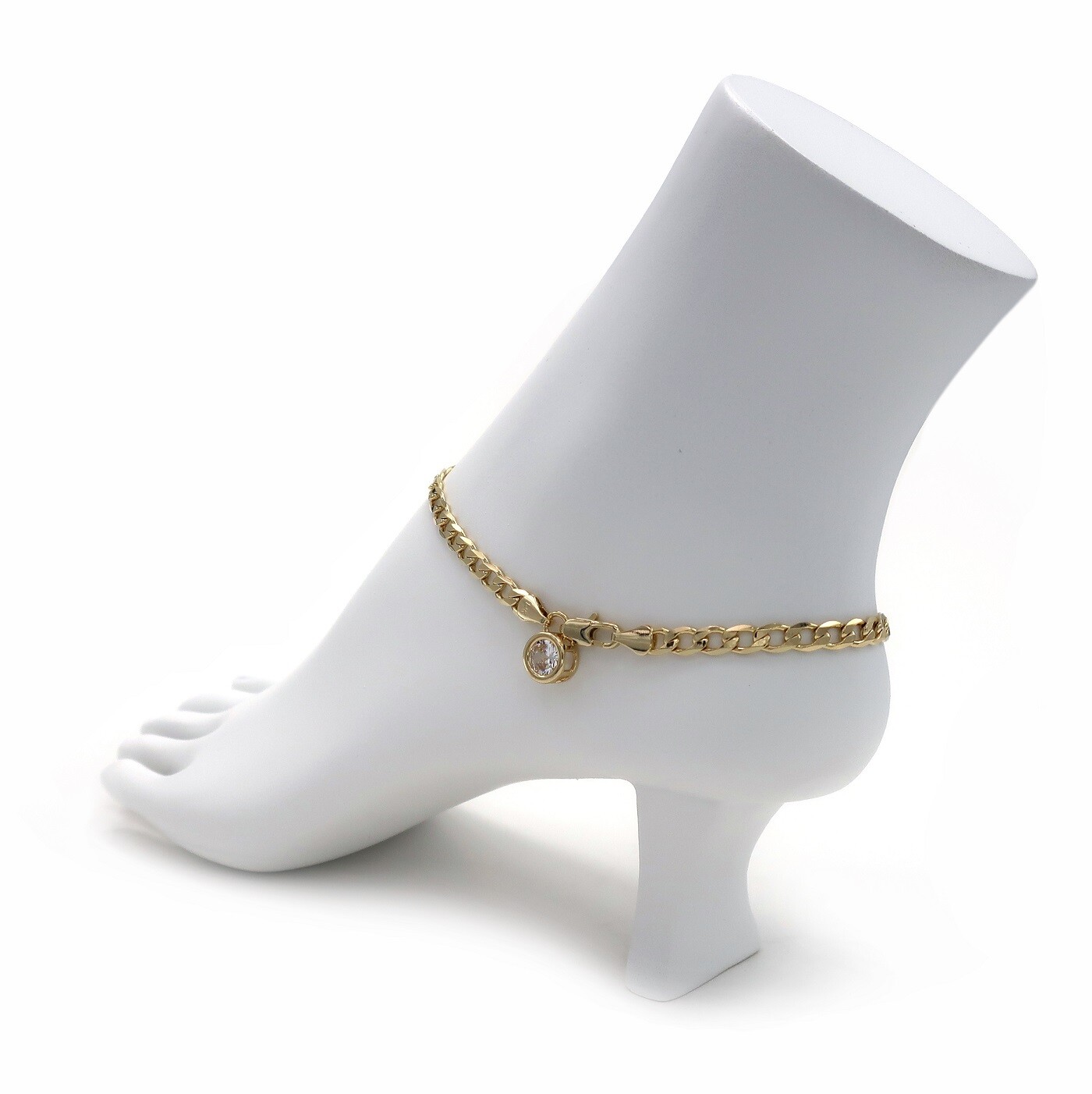 10″ ITALIAN CUBAN CURB LINK CHAIN ANKLET CZ STONE ANKLE BRACELET 14K GOLD PLATED