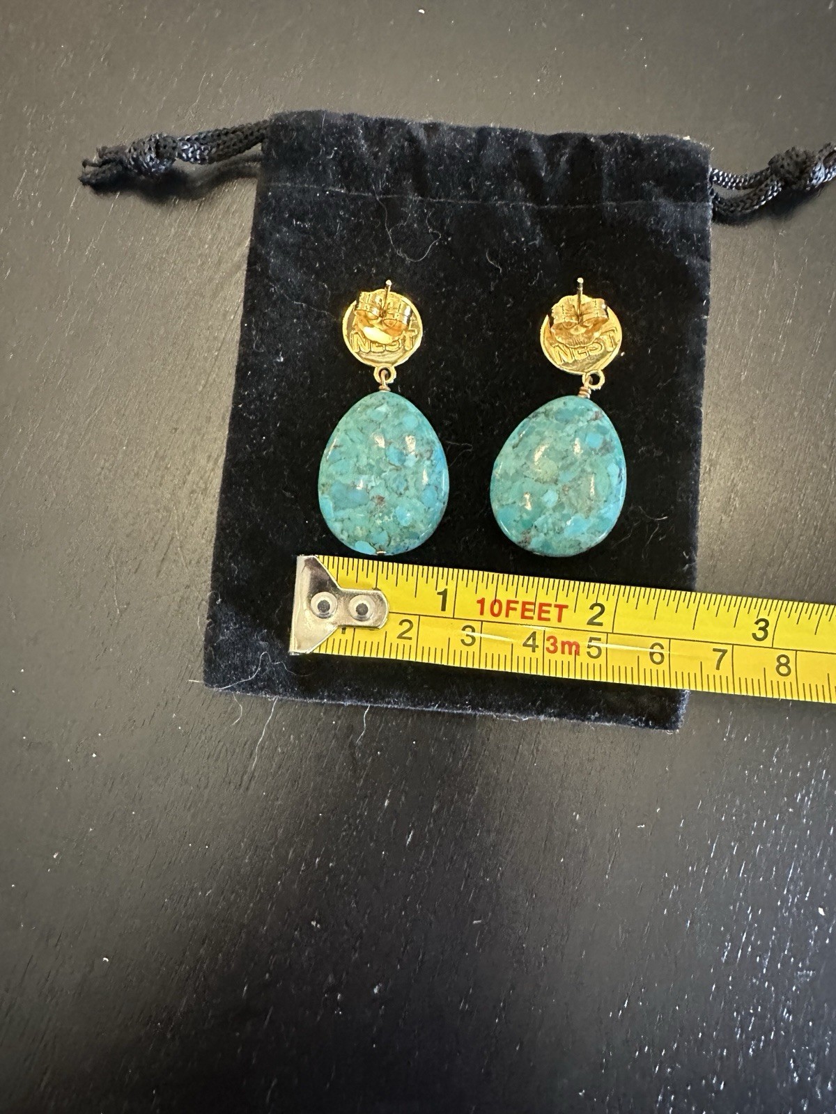 NEST Jewelry Turquoise Teardrop Dangle Earrings Brass Gold Tone 2in Signed