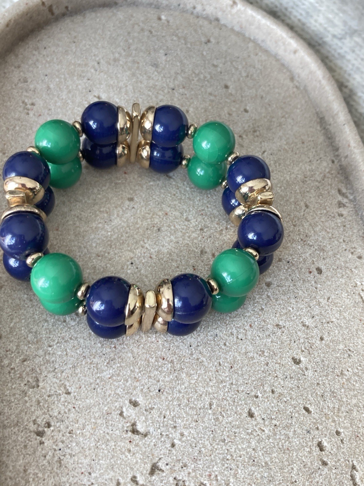 Chunky Beaded Stretch Bracelet Blue Green Gold Tone Preppy Statement Nautical