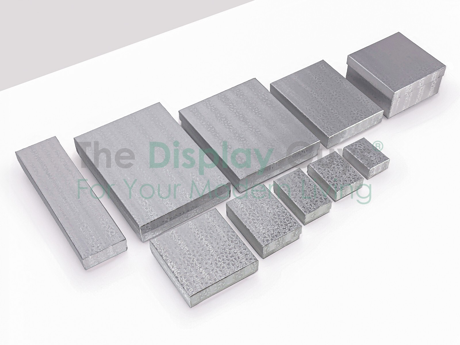 BULK Cardboard Jewelry Gift Boxes w/ Cotton Fill Padding – Silver Foil 11 Sizes