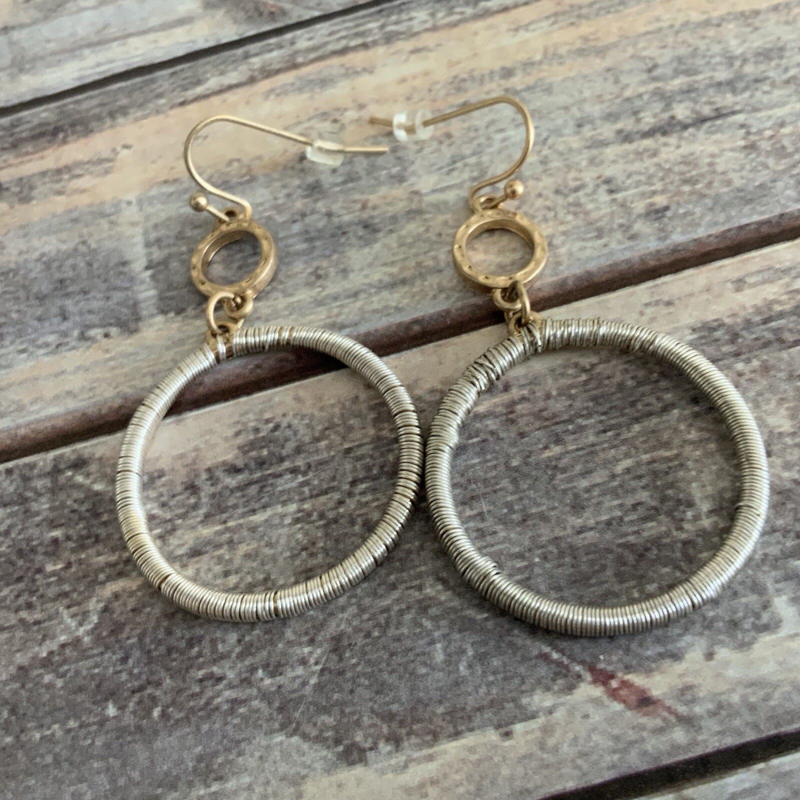 Mixed metal wrapped wire hoop dangle earrings