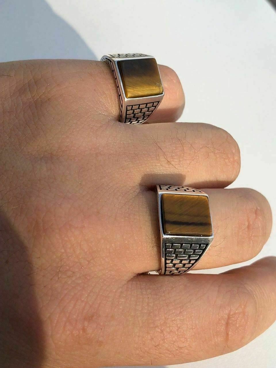 Mens Real Solid 925 Sterling Silver Tiger Eye Square Ring Size 7 8 9 10 11 12 13
