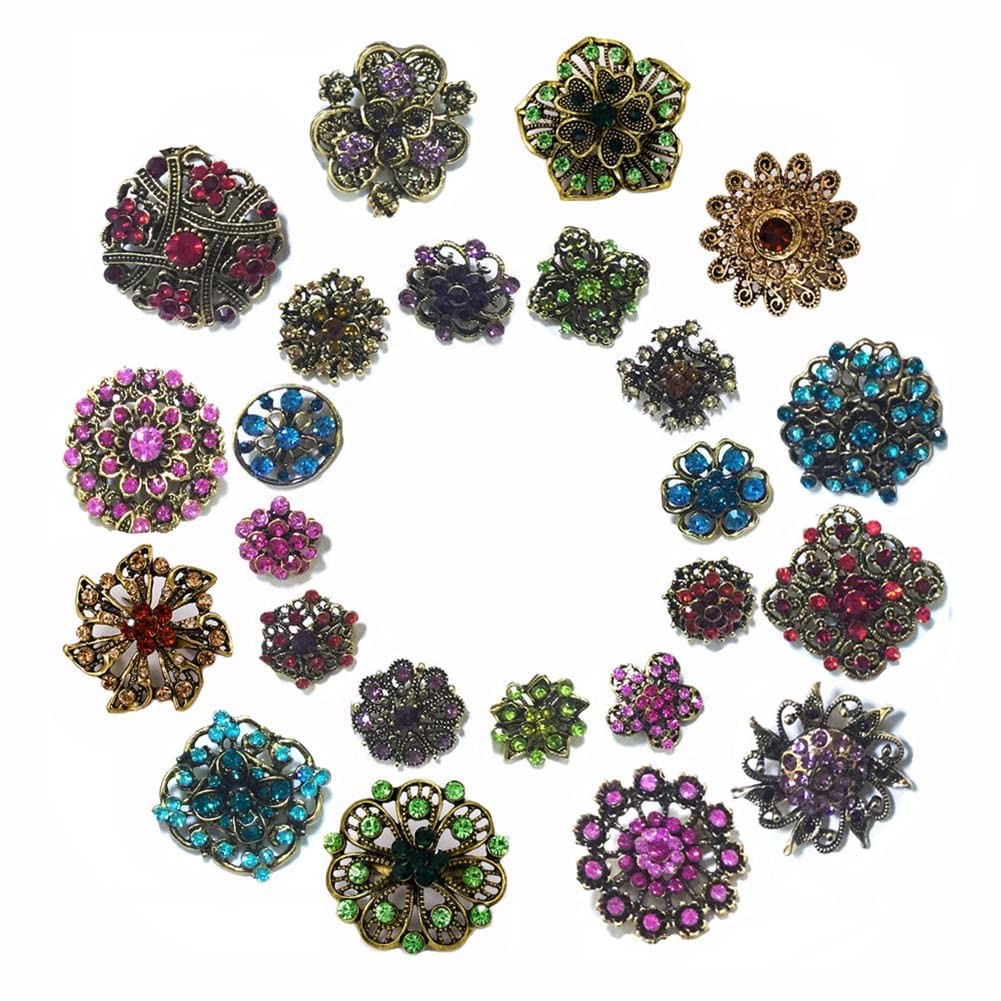 24pcs Lot Rhinestone Flower Brooches Pin Set antique gold
