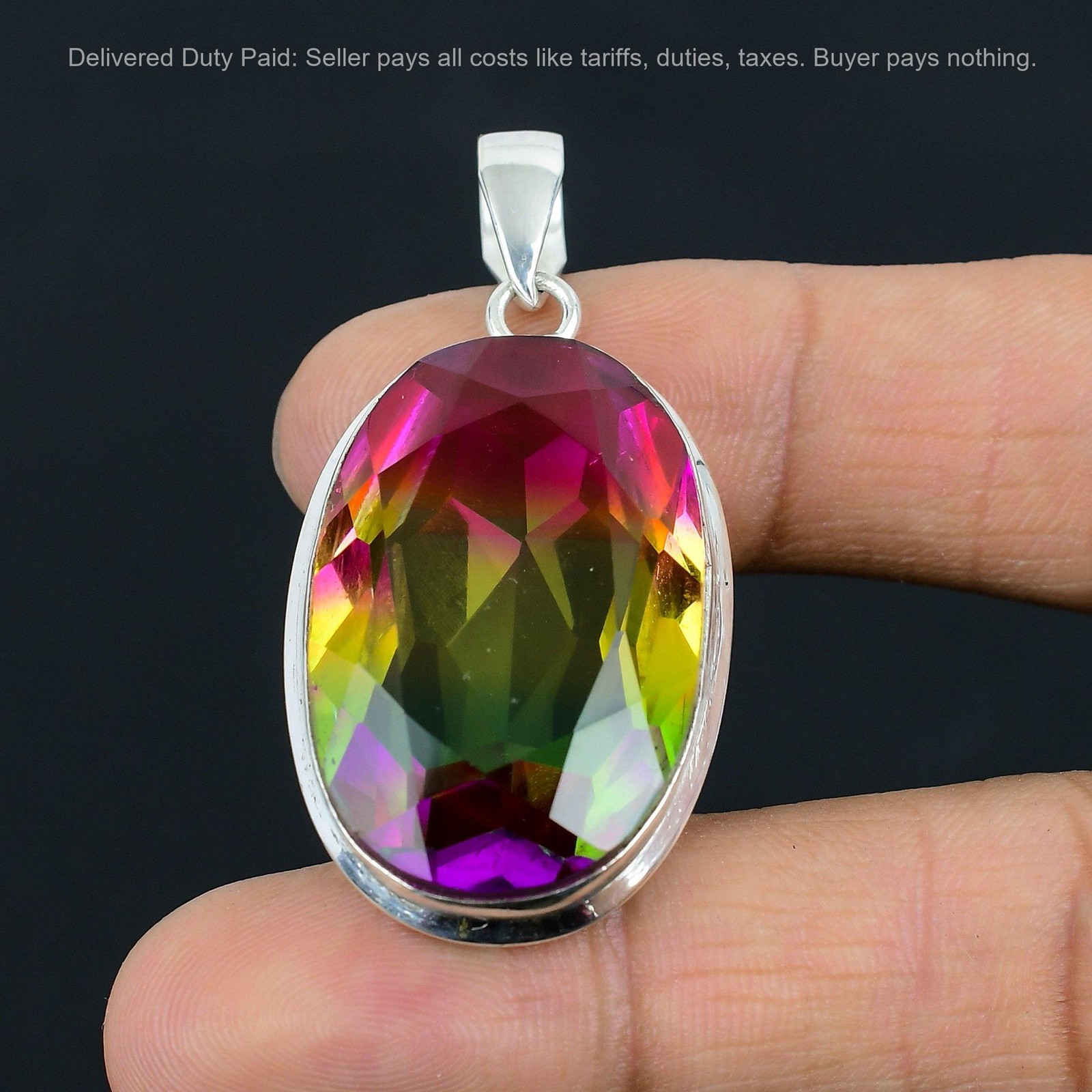925 Silver Oval Multi Tourmaline Gemstone Elegant Mother Engagement Boho Pendant