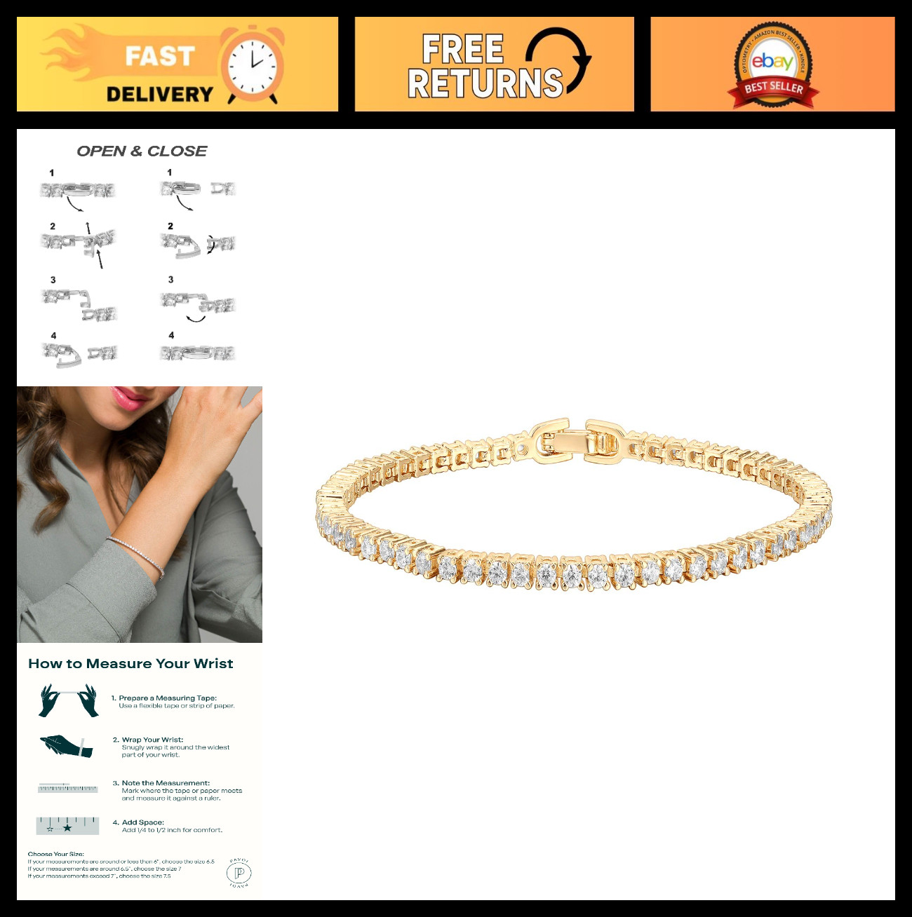 14K Gold Plated CZ Tennis Bracelet for Women, Classic 2mm Sparkling Jewelry, 6.5