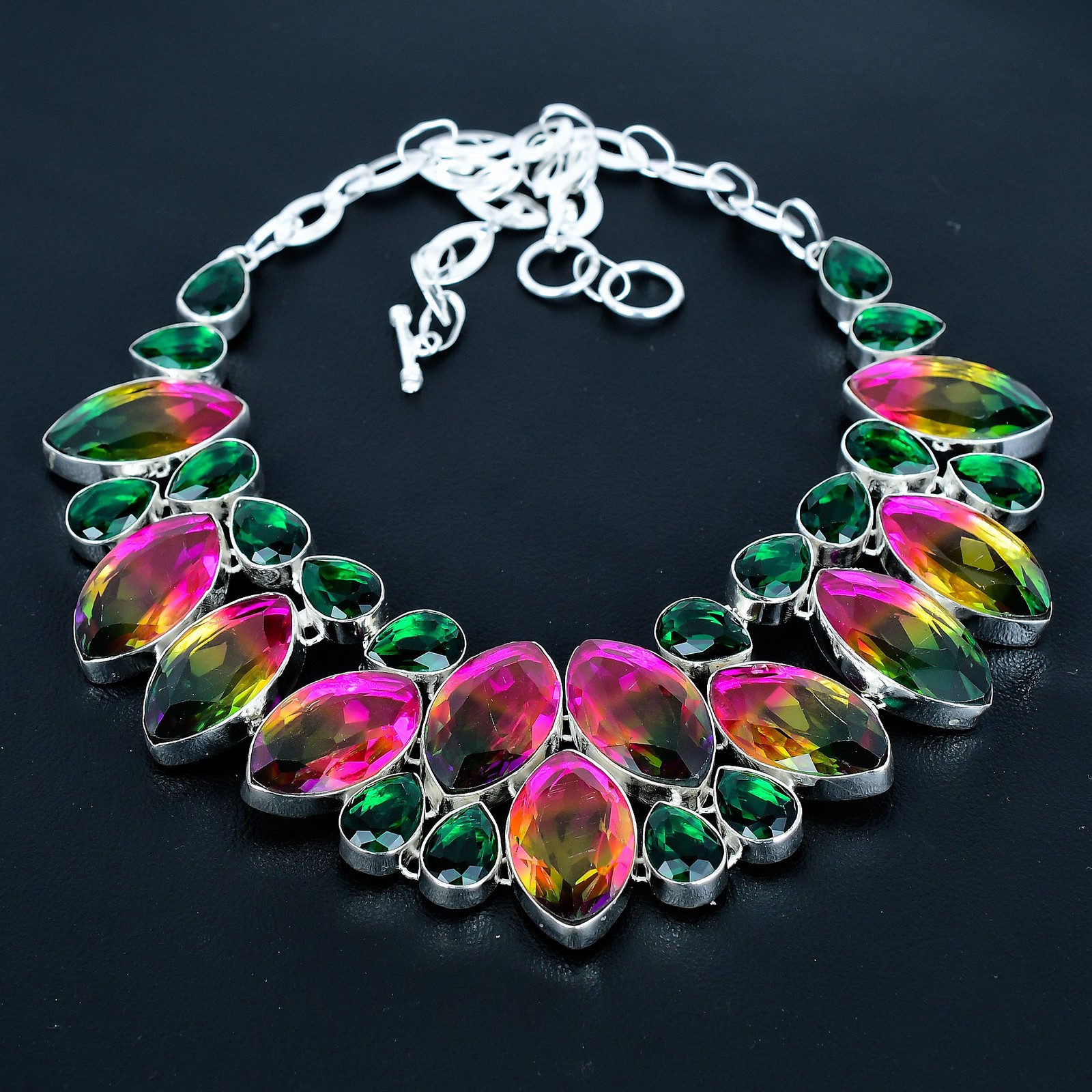 Multi Tourmaline Chrome Diopside Gemstone 925 Sterling Silver Necklace 18″ VJ 90