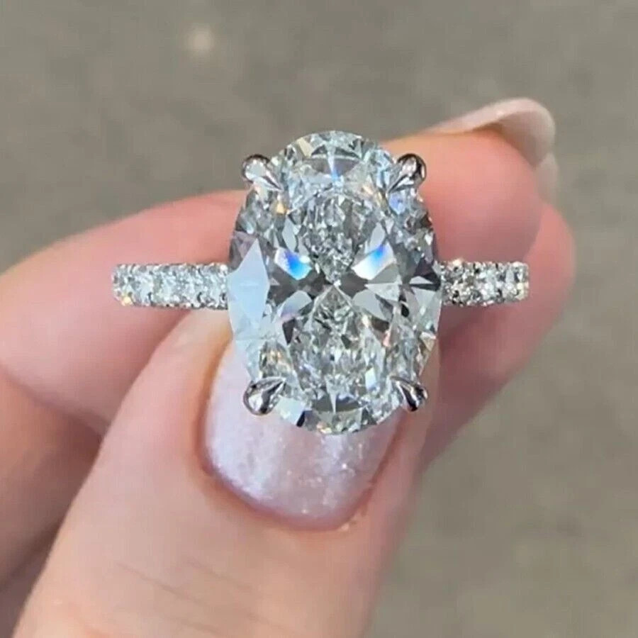 5CTW Oval Cut VVS1 Moissanite Halo Engagement Ring 14k White Gold Plated