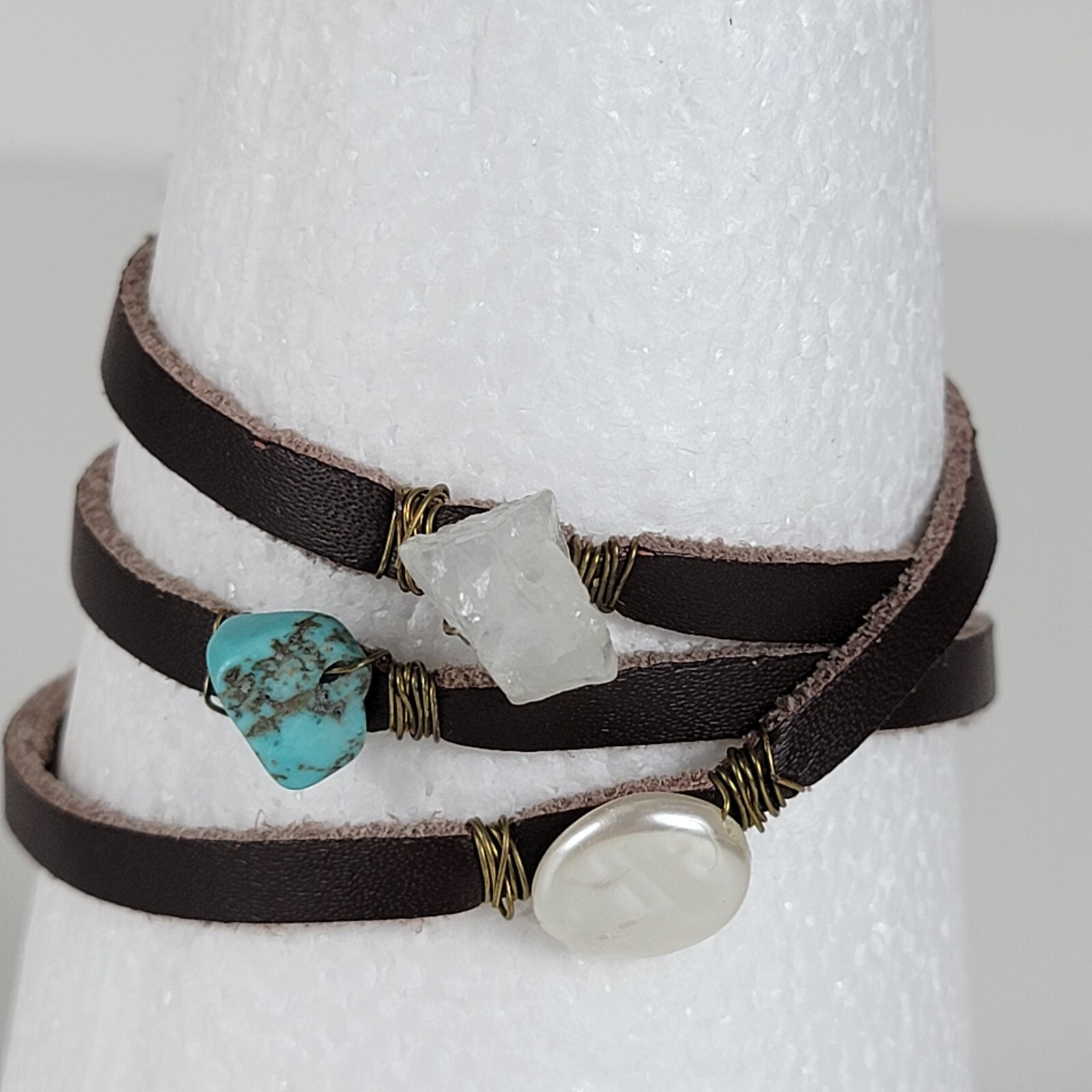 Artisan Handmade Turquoise And Pearl Leather Cord Wrap Bracelet 22.5 In Toggle