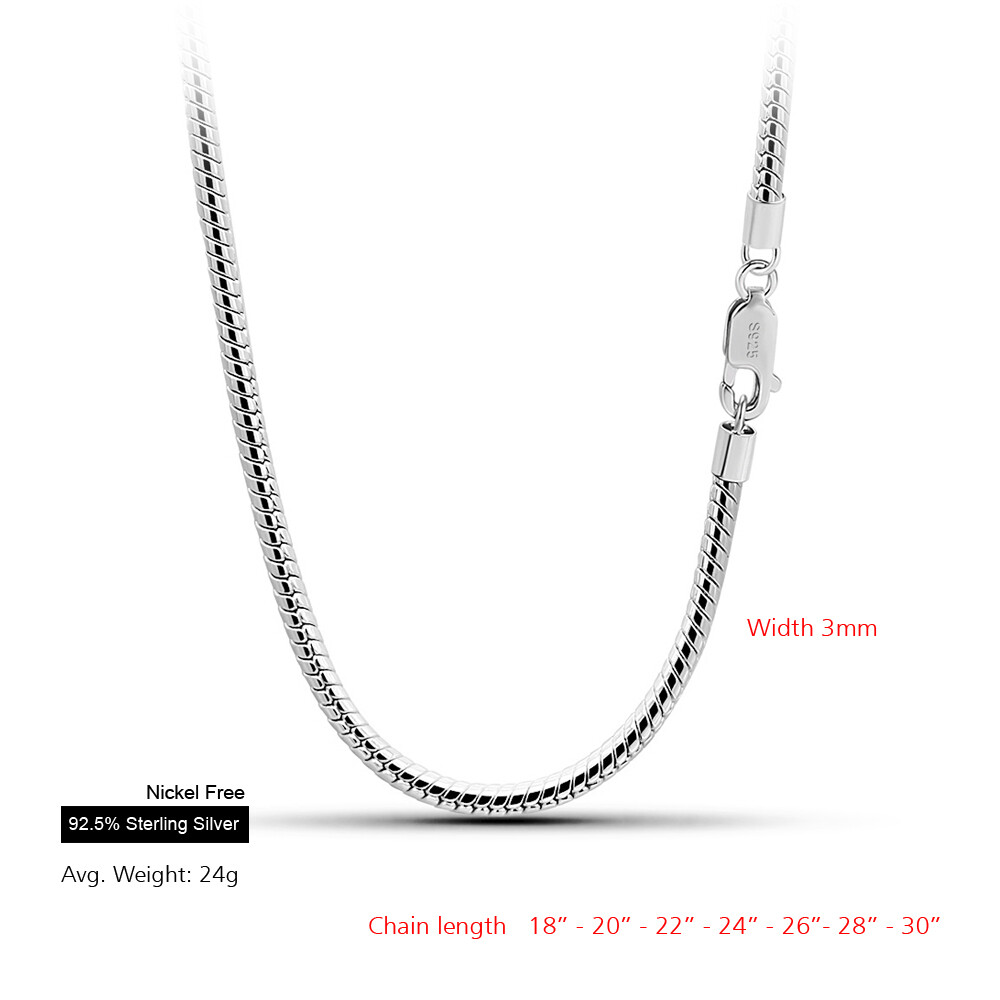 925 Sterling Silver 3mm Round Snake Necklace Sizes 18″ to 30″ for Women & Men