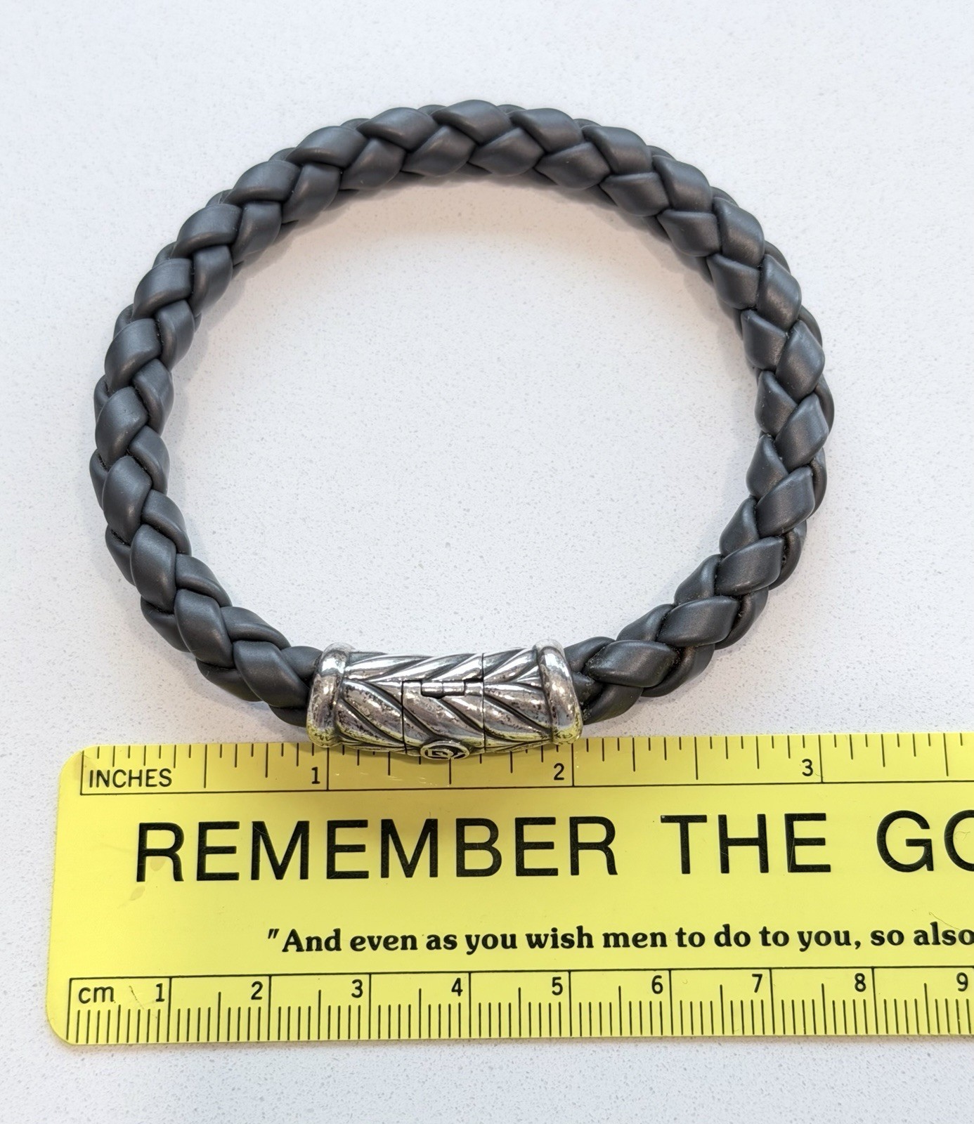 David Yurman Chevron Woven Black Rubber Bracelet 8MM 7″ STERLING SILVER BANGLE