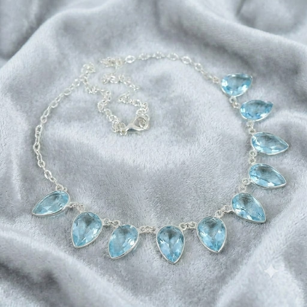Blue Aquamarine Gemstone 925 Sterling Silver Jewelry Necklace Size-17-18″