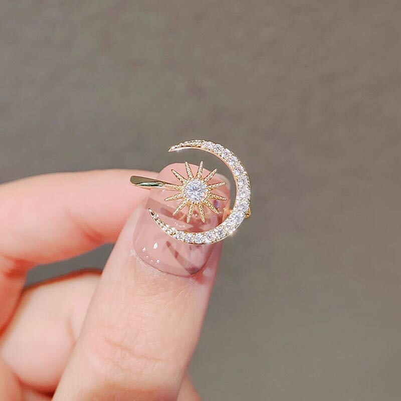 18K Gold Plated Adjustable Crystal Sun Moon Ring for Women Jewelry Gifts