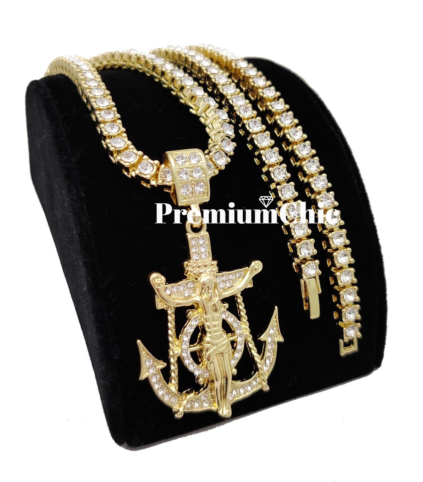 ICED Jesus Anchor & 5MM Tennis Chain Choker Plated Mens Hip Hop CZ Necklace