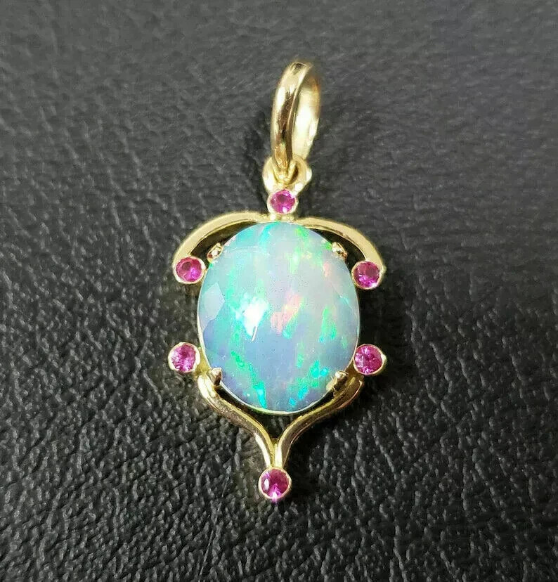 3Ct Oval Opal Ruby Diamond Solitaire Pendant With Chain 14K Yellow Gold Finish