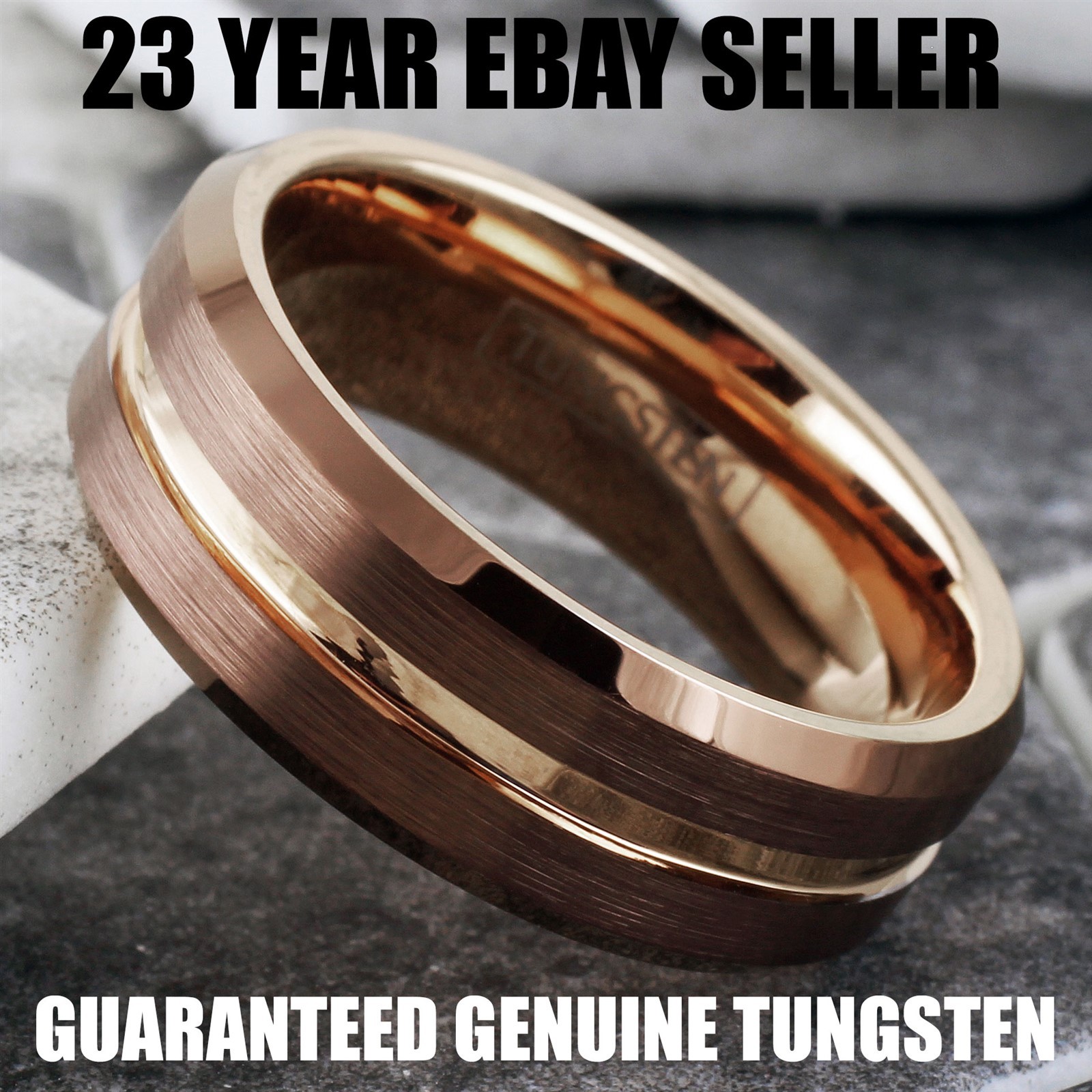Bronze-Brown Tungsten Carbide Men’s Ring Rose Gold Plated Stripe Wedding Band