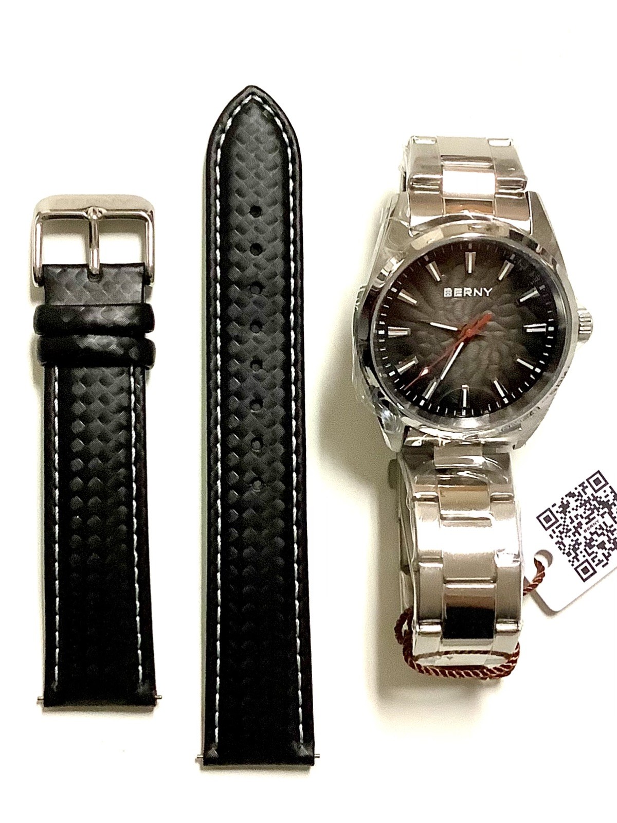 BERNY 38mm QUARTZ WATCH, TEXTURED DIAL, STAINLESS STEEL & BERNIE LEATHER BANDS