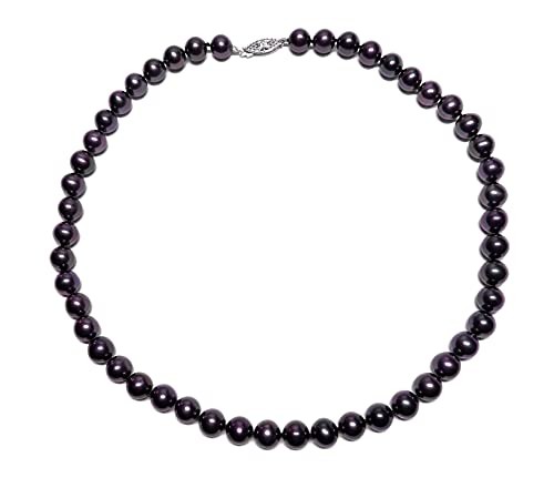 Black Freshwater Pearl Necklace Red Overtone AA+ Silver Clasp 7-7.5mm 18″