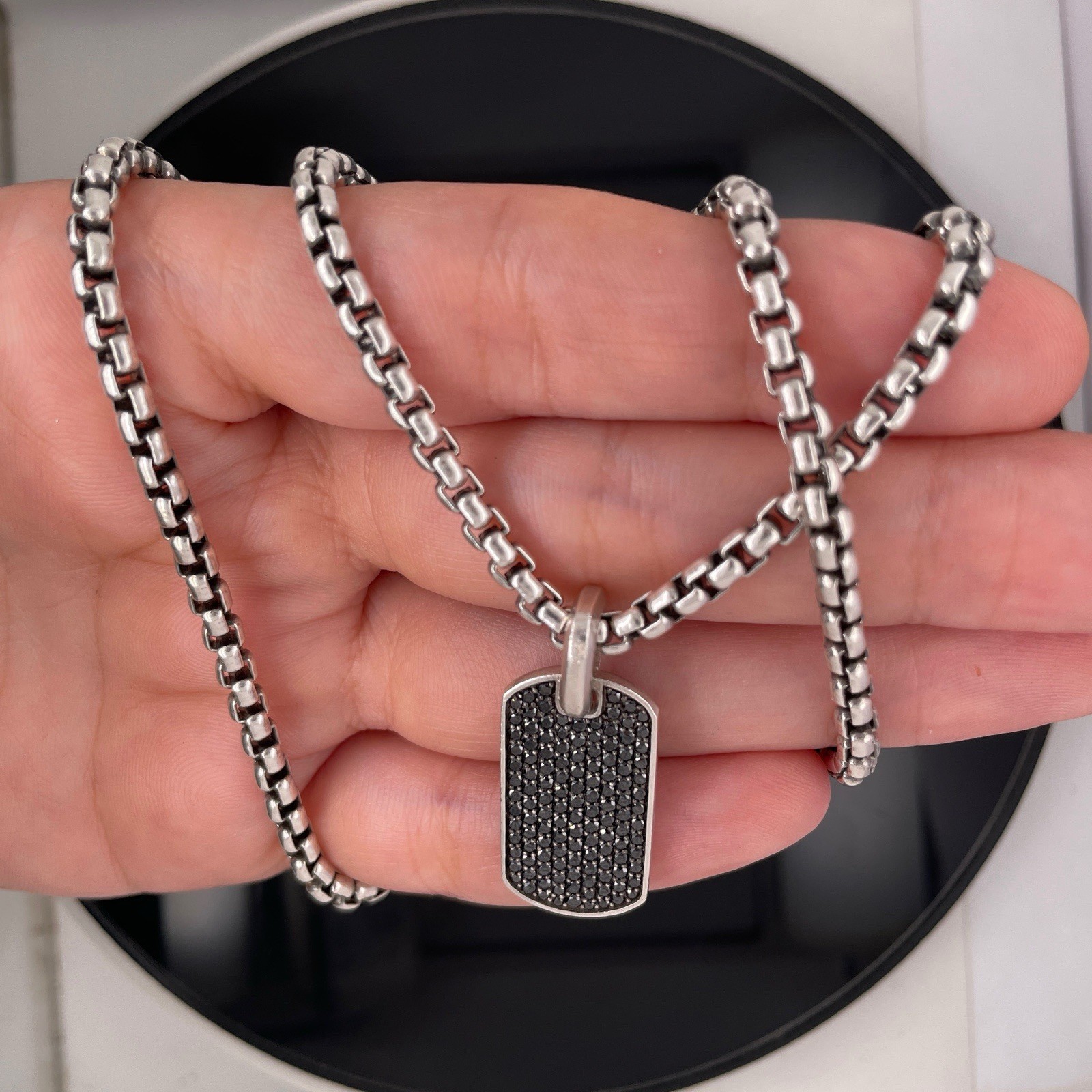 David Yurman Silver Black Diamonds Chevron Tag Pendant Necklace $2600 / 27mm