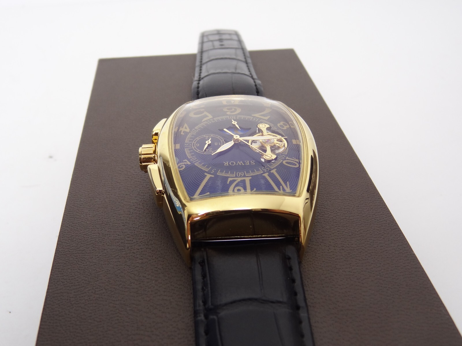 SEWOR Skeleton Watch Mechanical Automatic Self-Wind Leather Bracelet Moon Phase