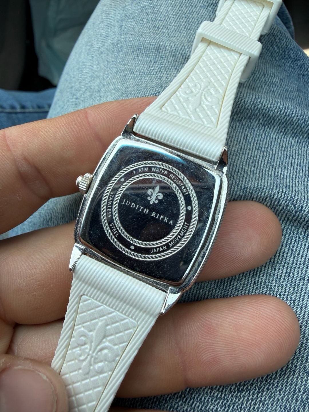Judith Ripka Stainless Rectangular Watch w/White Silicone strap and M.0.P Dial