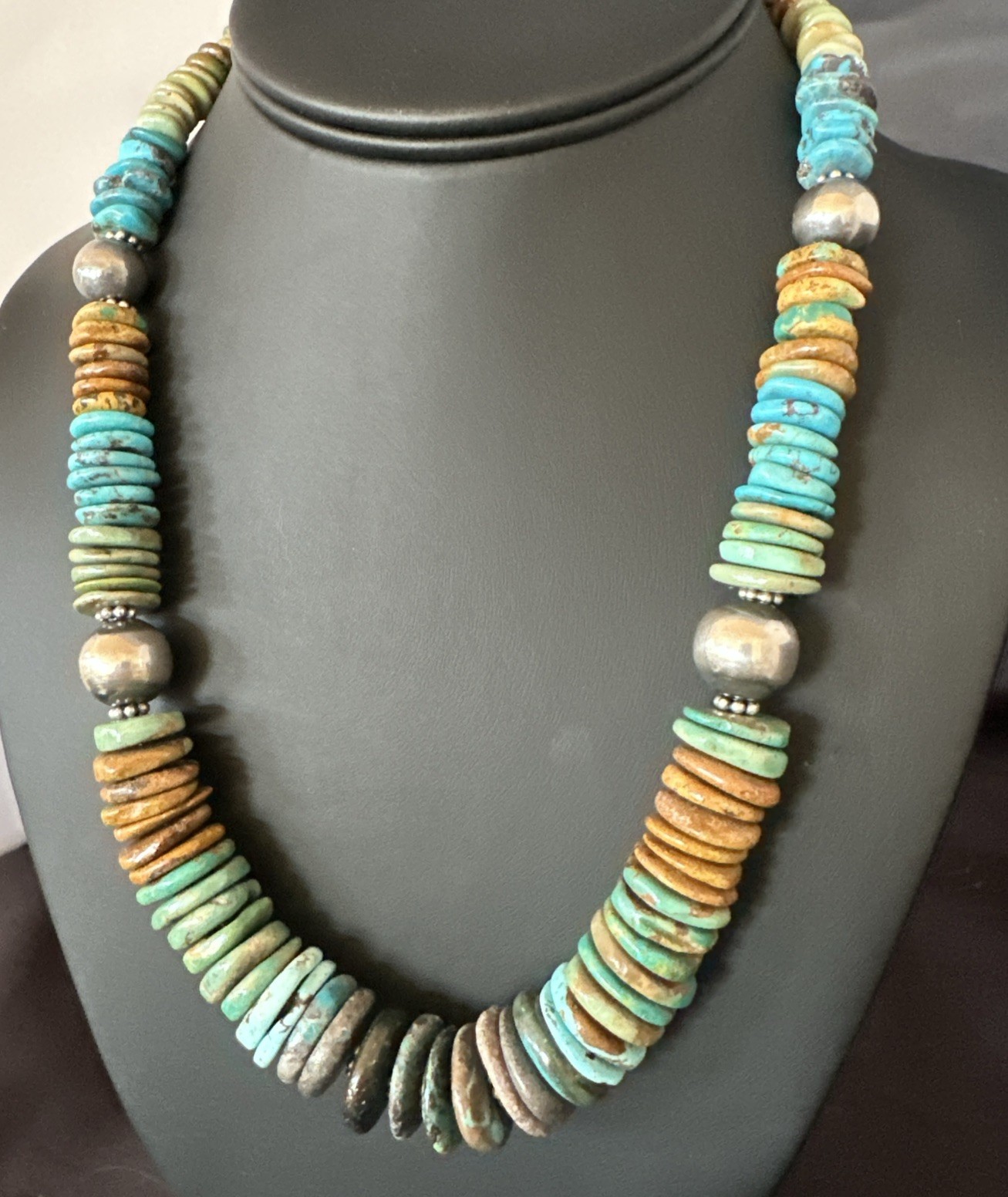 Blue Green Turquoise Navajo Sterling Silver Beads Necklace 20” 19176