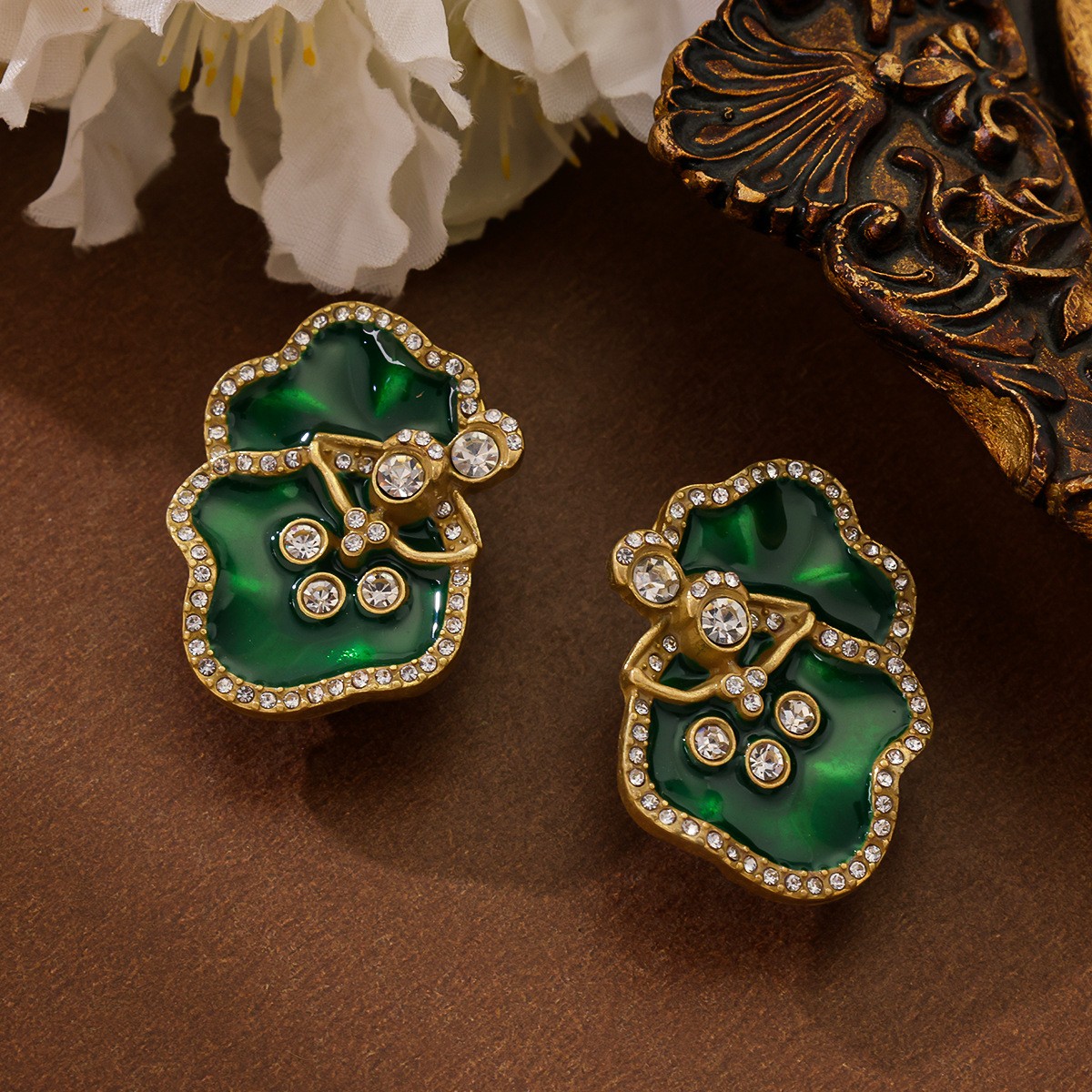 Handmade Enamel Rhinestone Lotus Leaf Bib Collar Necklace & Earrings Jewelry Set