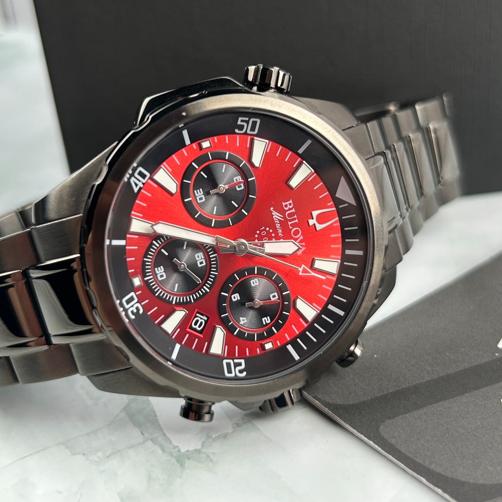 Bulova Marine Star 98B350 Red Dial Gray Band Chronograph Men’s Quartz Watch 43MM