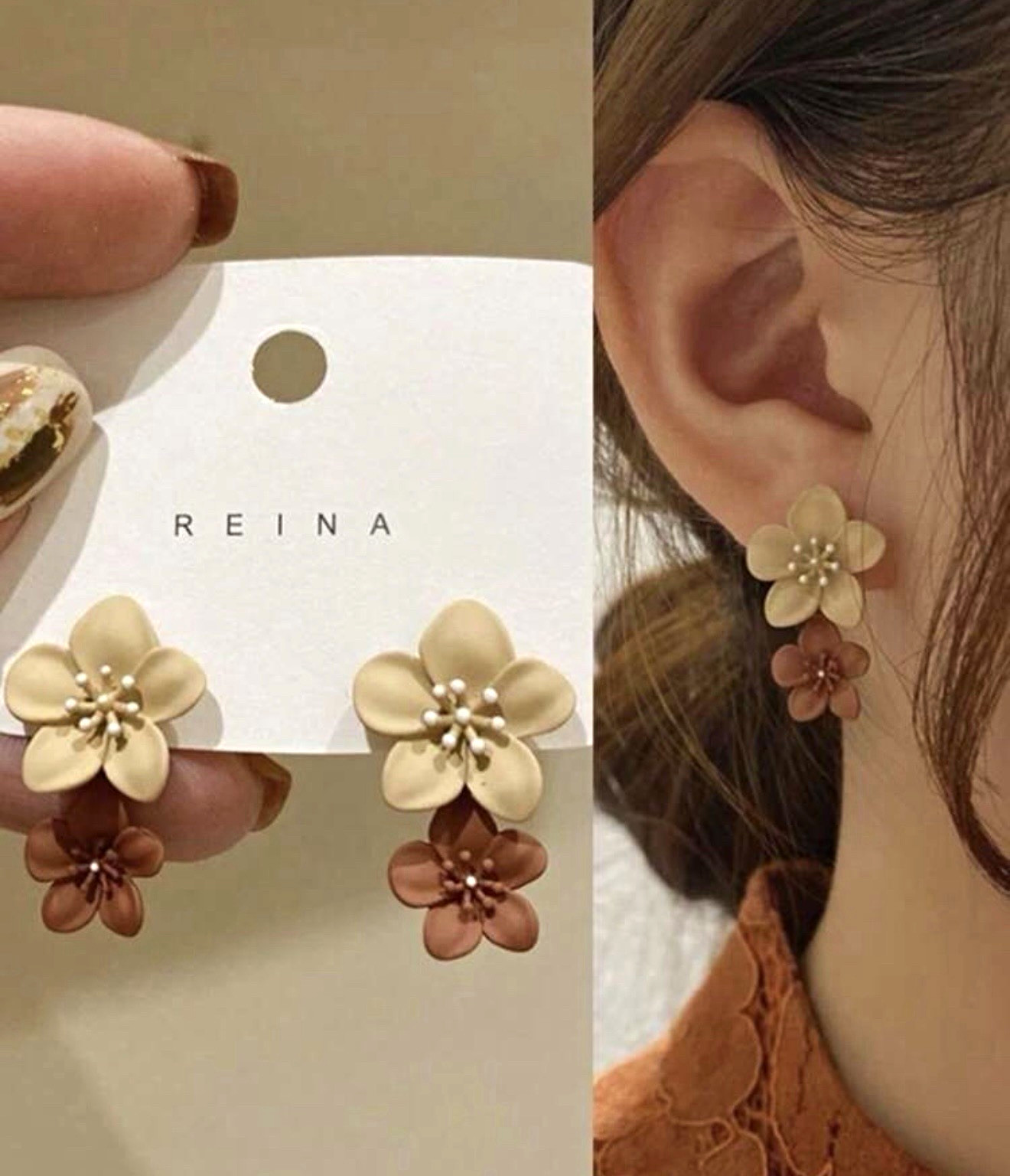 REINA Beige/Brown Flower Plastic Dangle/Drop Earrings, Butterfly, No Stone