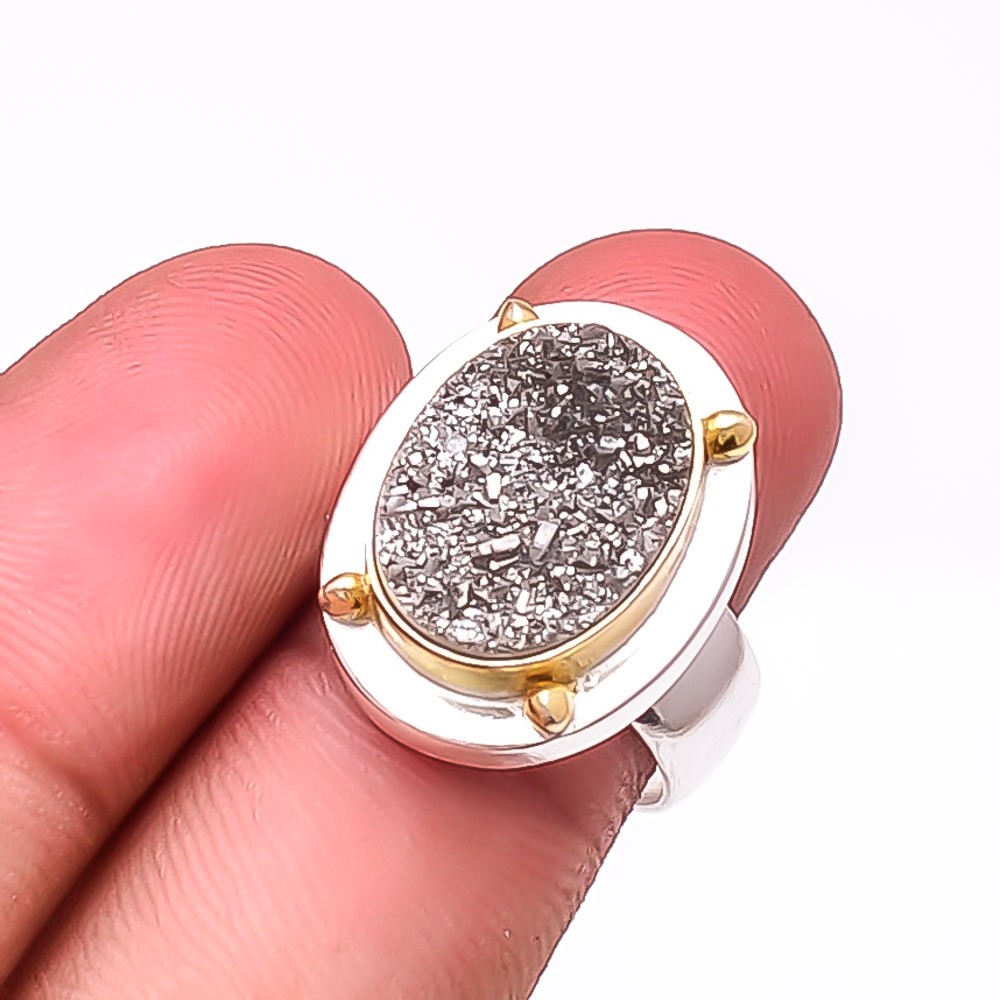 Silver Titanium Agate Drusy Two Tone Designer 925 Sterling Silver Ring S.8 R9