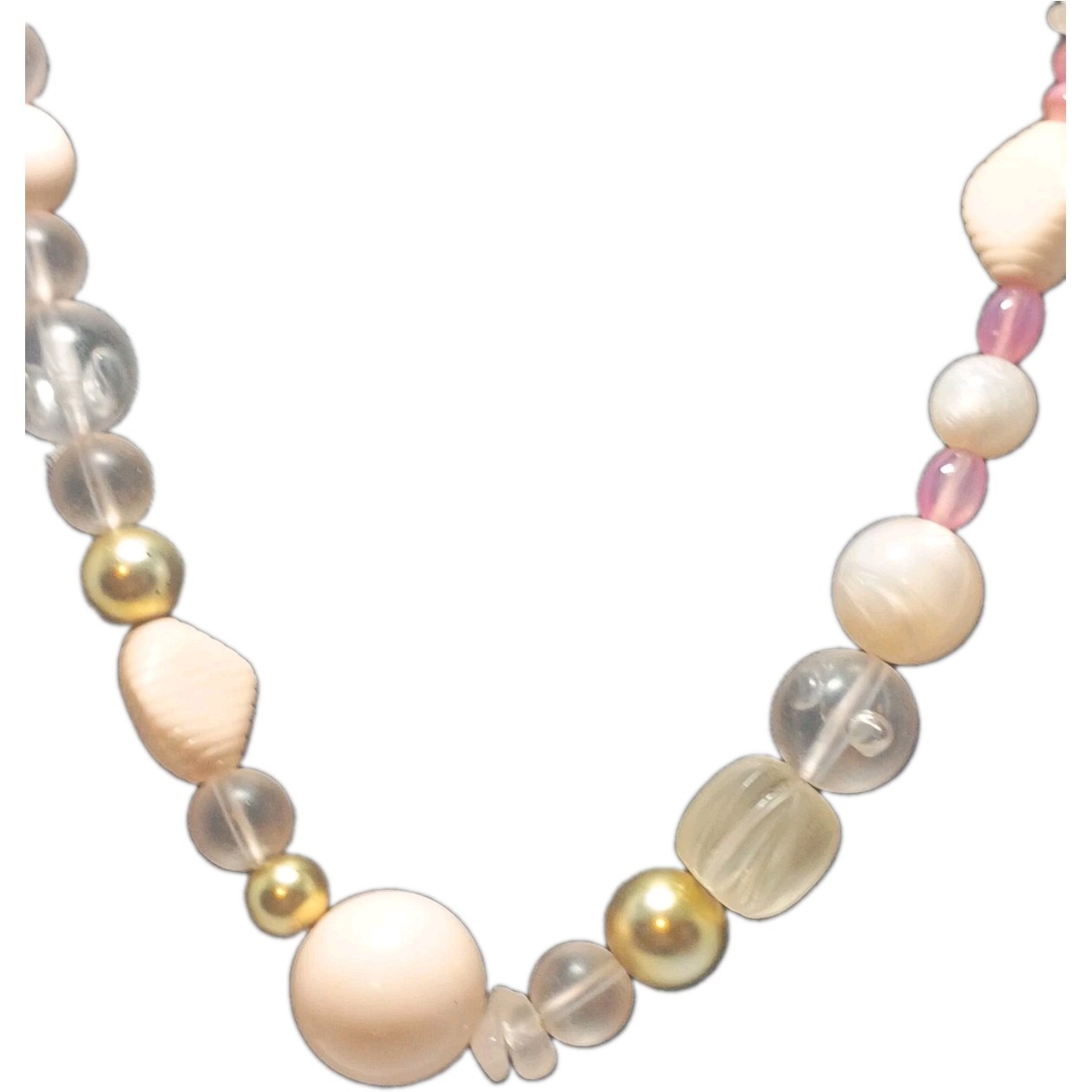 Vintage Multi Beaded Acrylic And Rose Quartz Soft Pink Gold White Clear Necklace
