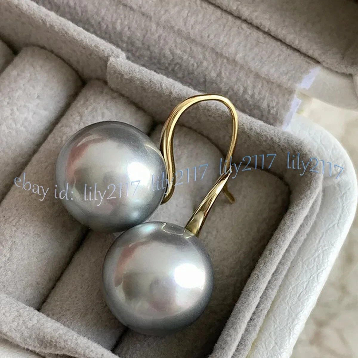 Perfect Round AAA Silver Gray Akoya Real Natural Pearl Dangle Gold Hook Earrings