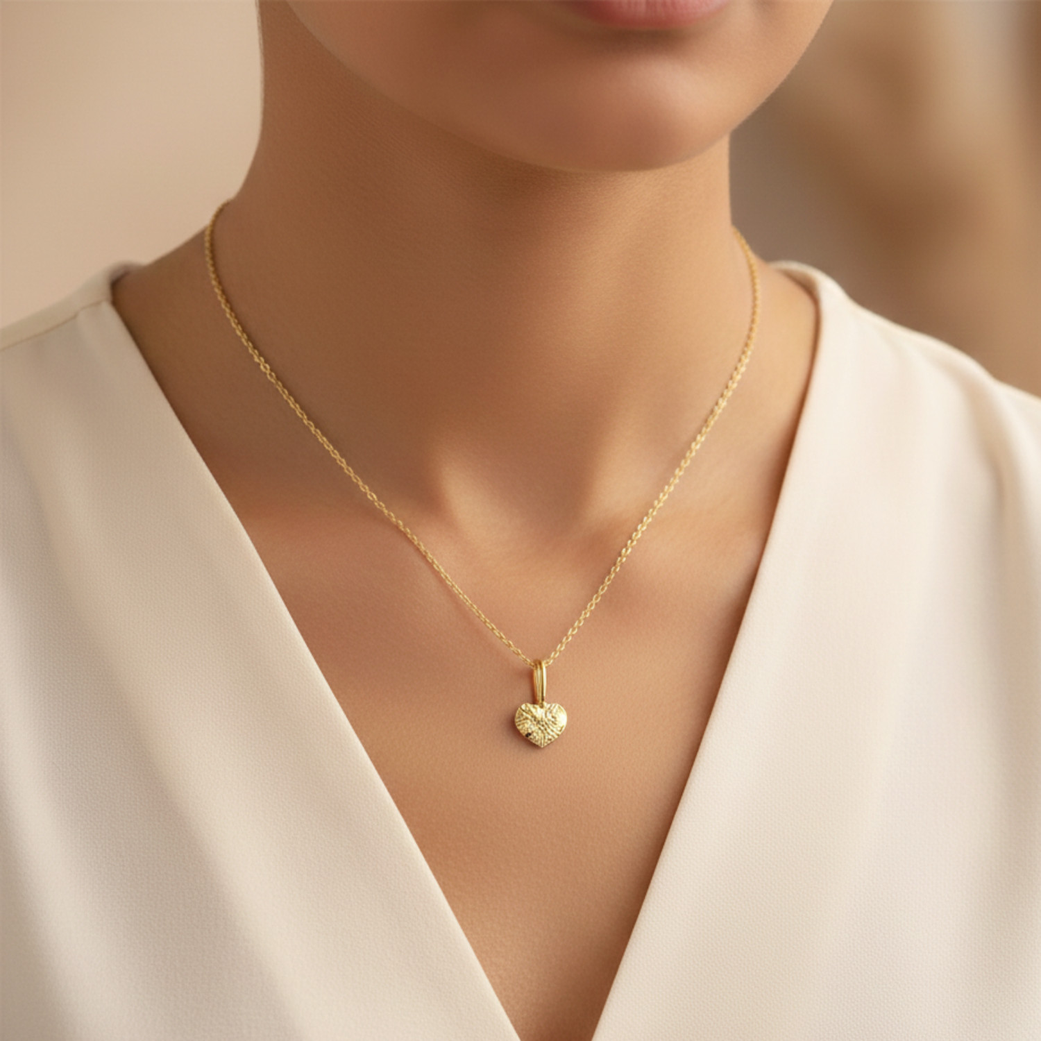 14K Real Solid Yellow Gold Diamond-Cut Heart Pendant Charm Necklace 18 in