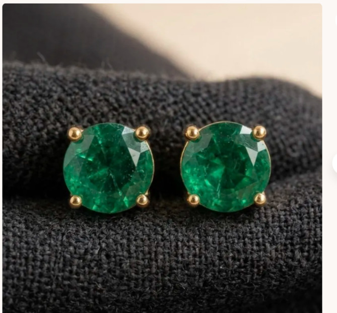 Natural Emerald 4Ct Round Cut Solitaire Stud Earring 14k White Gold Plated