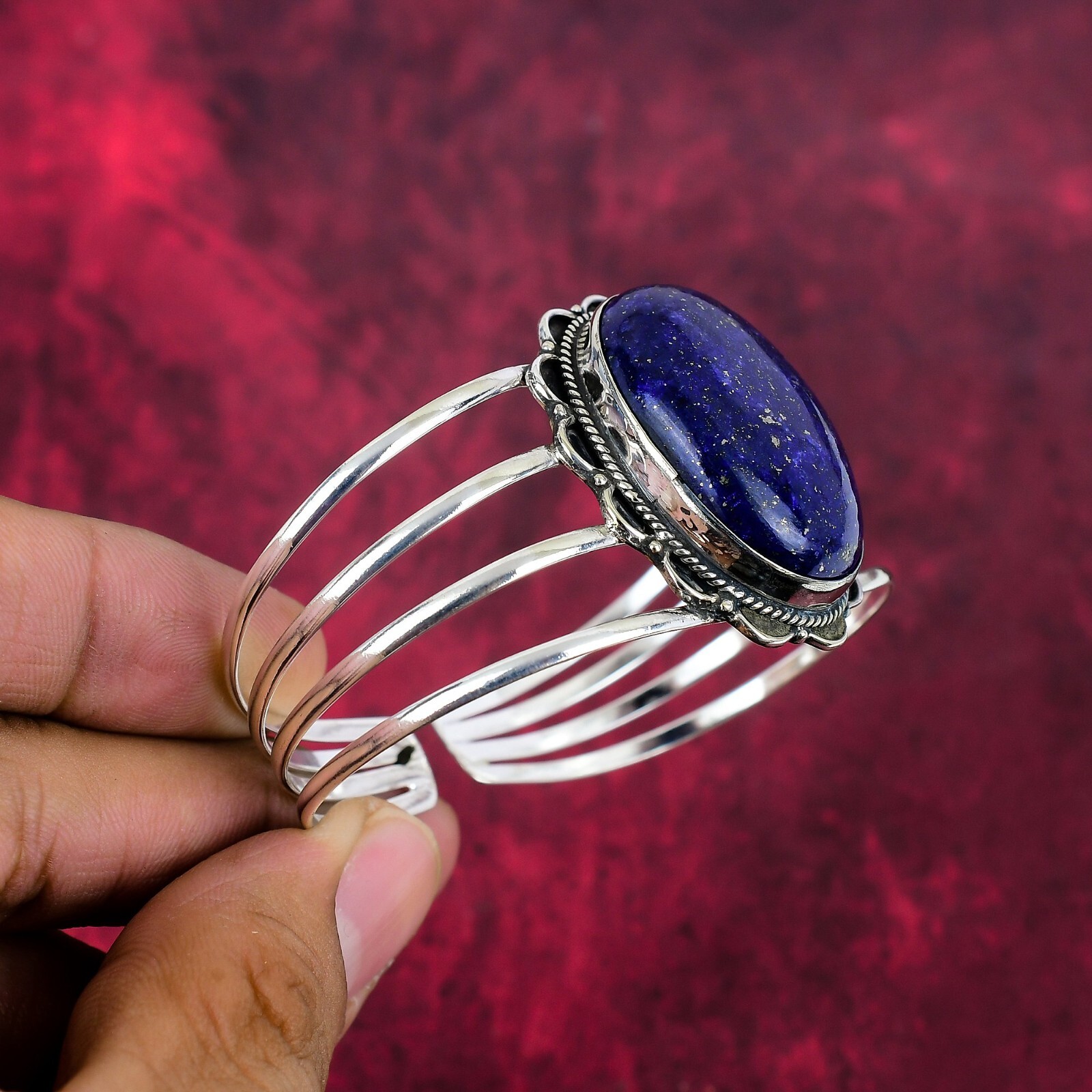 Lapis Lazuli Gemstone Handmade 925 Sterling Silver Adjustable Bangle Jewelry