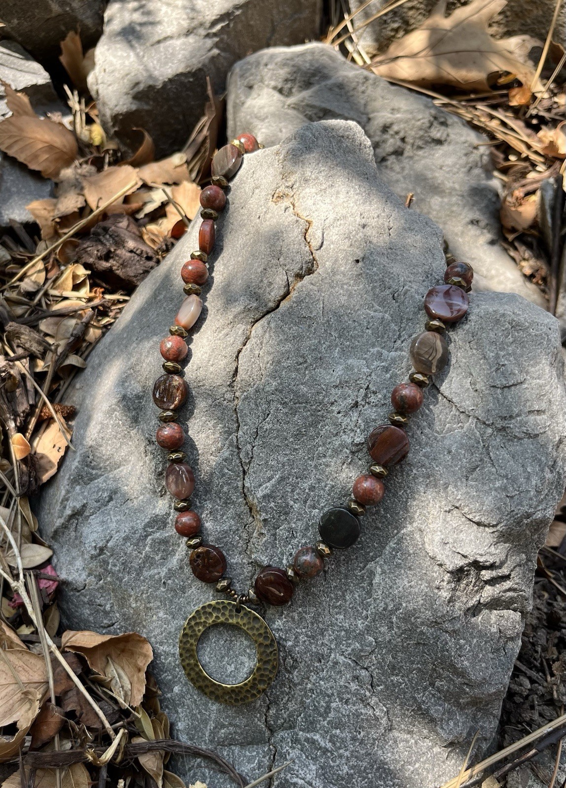 Mookaite Jasper Necklace with Brass Pendant, Red Jasper & Bronze Accents NEW 21″