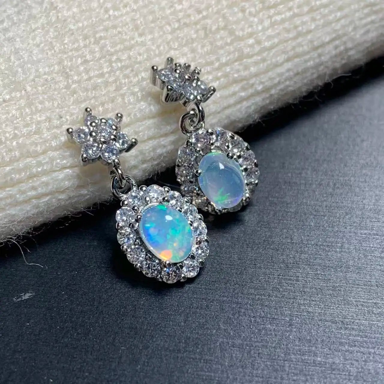 Natural Oval Opal Stud Drop Earrings Women Vintage Halo Copper Jewelry Gifts