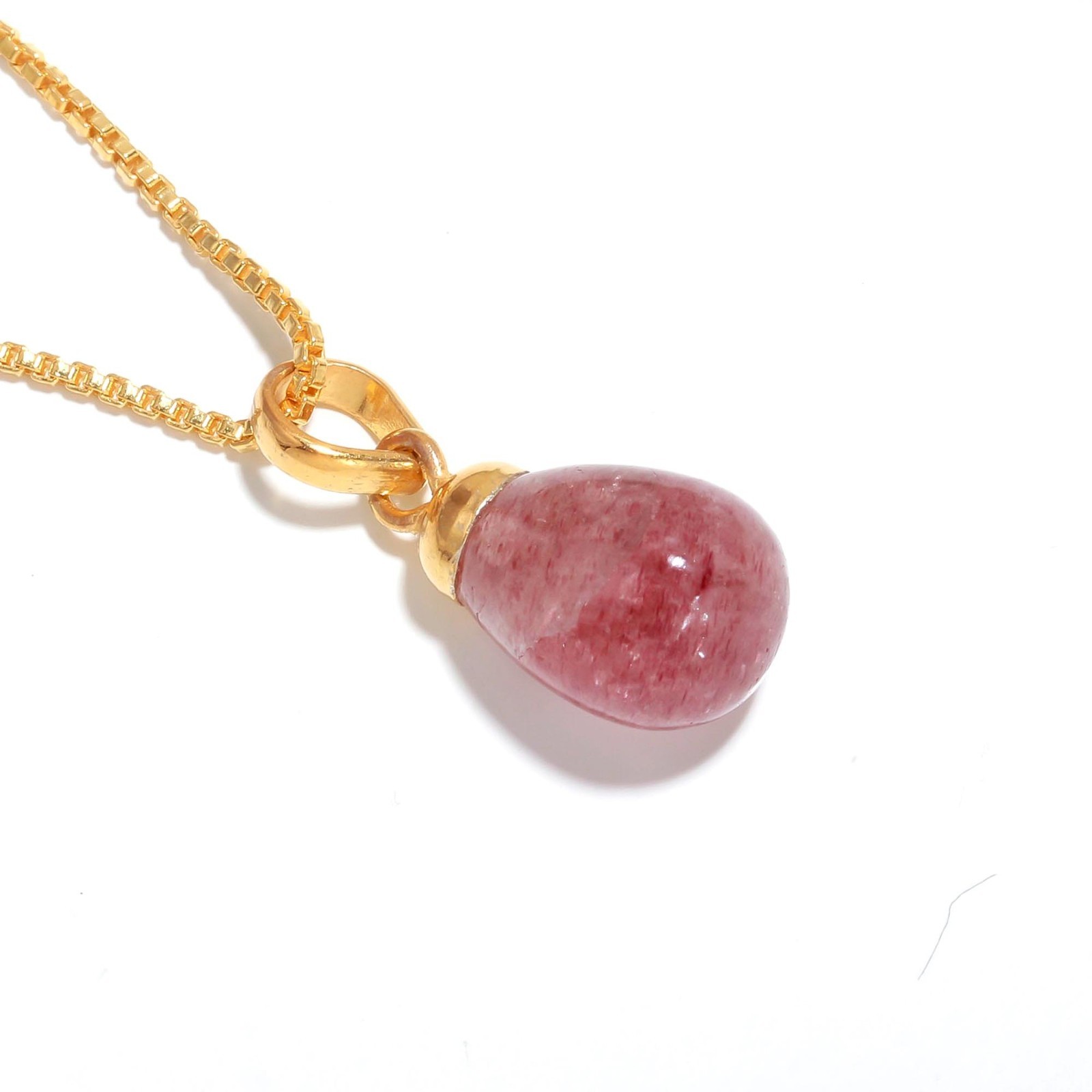 Natural Red Strawberry Quartz Teardrop Chain Pendant 925 Sterling Silver Jewelry