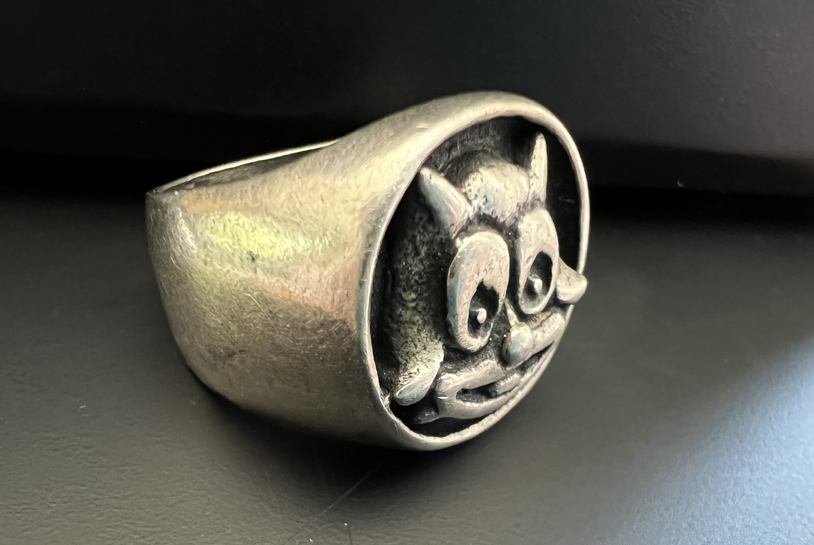 Cat Face Casted Sterling Silver Signet Ring SZ-6.5 Artisan Made 11gr Silver Star