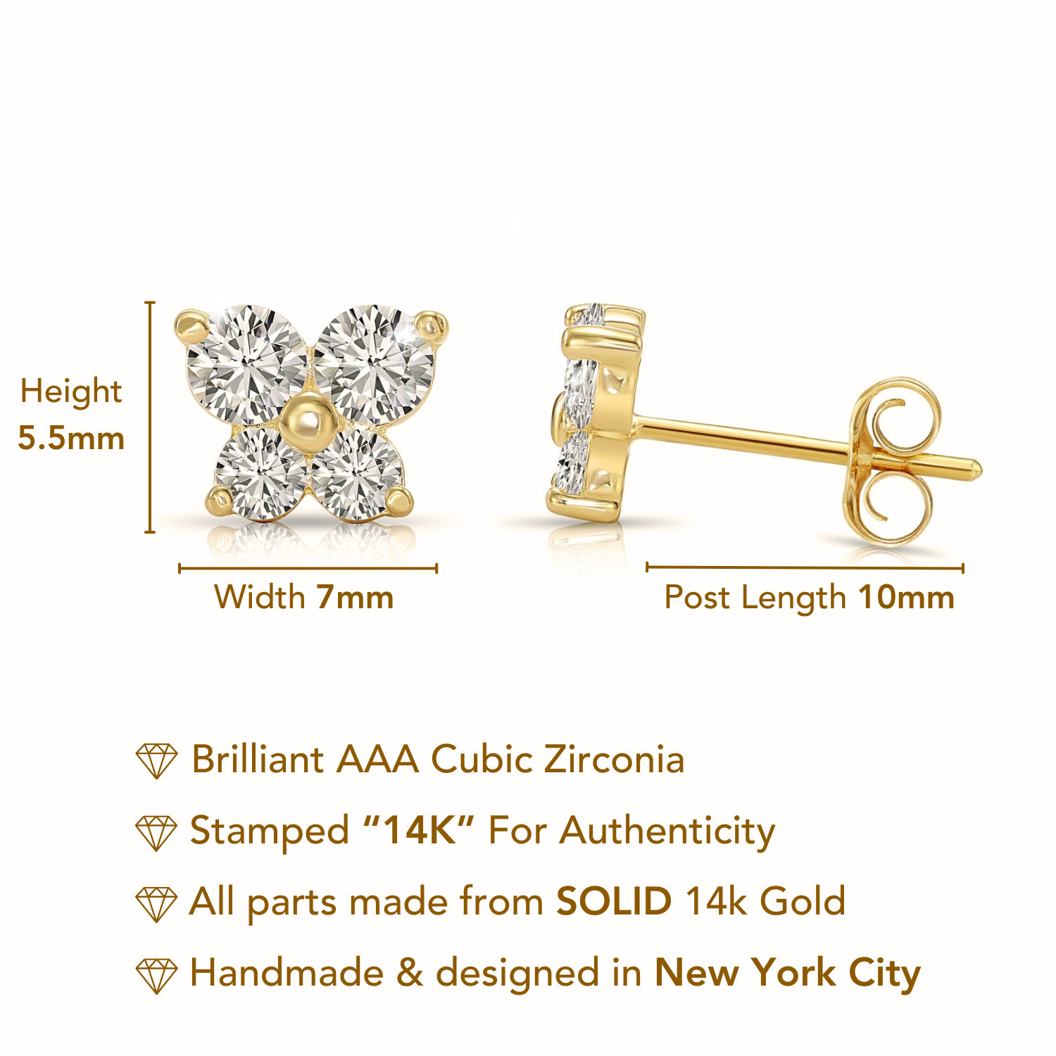14K Real Solid Gold Dainty Butterfly CZ Sleeper Stud Post Earrings Push-back