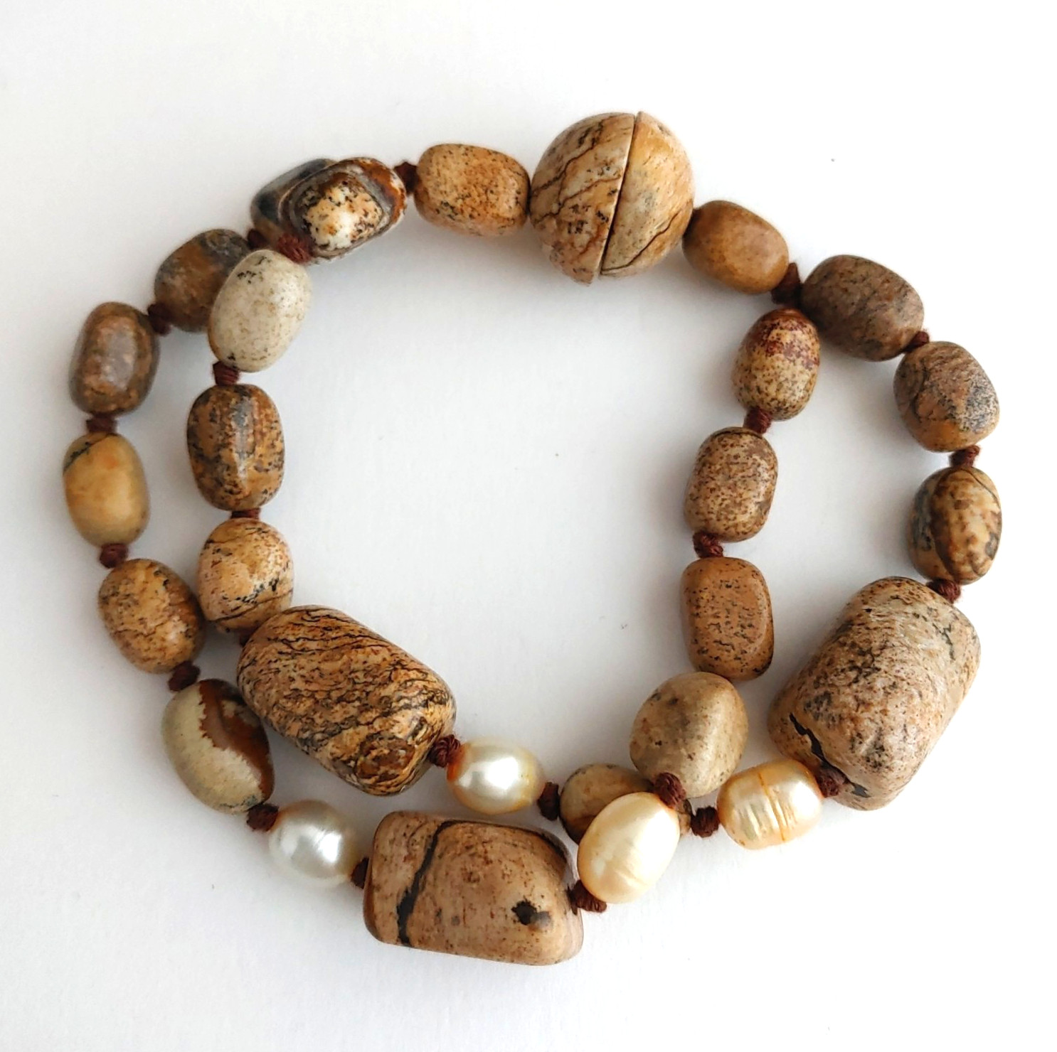 Jasper Stone Freshwater Pearl Bracelet 2 Strands Knotted Magnetic Clasp 8.5”