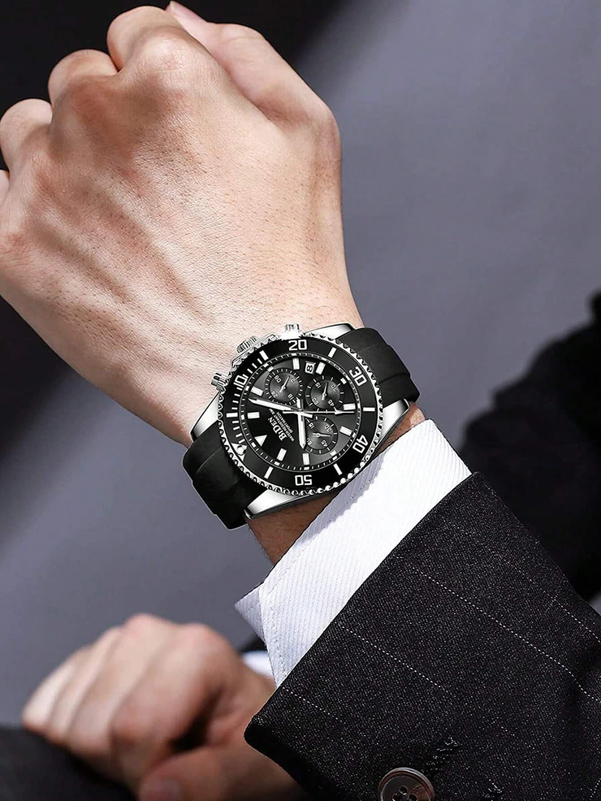 Men’s Diving Bezel Chronograph Watch Water-Resistant Rubber Strap Simulated Date