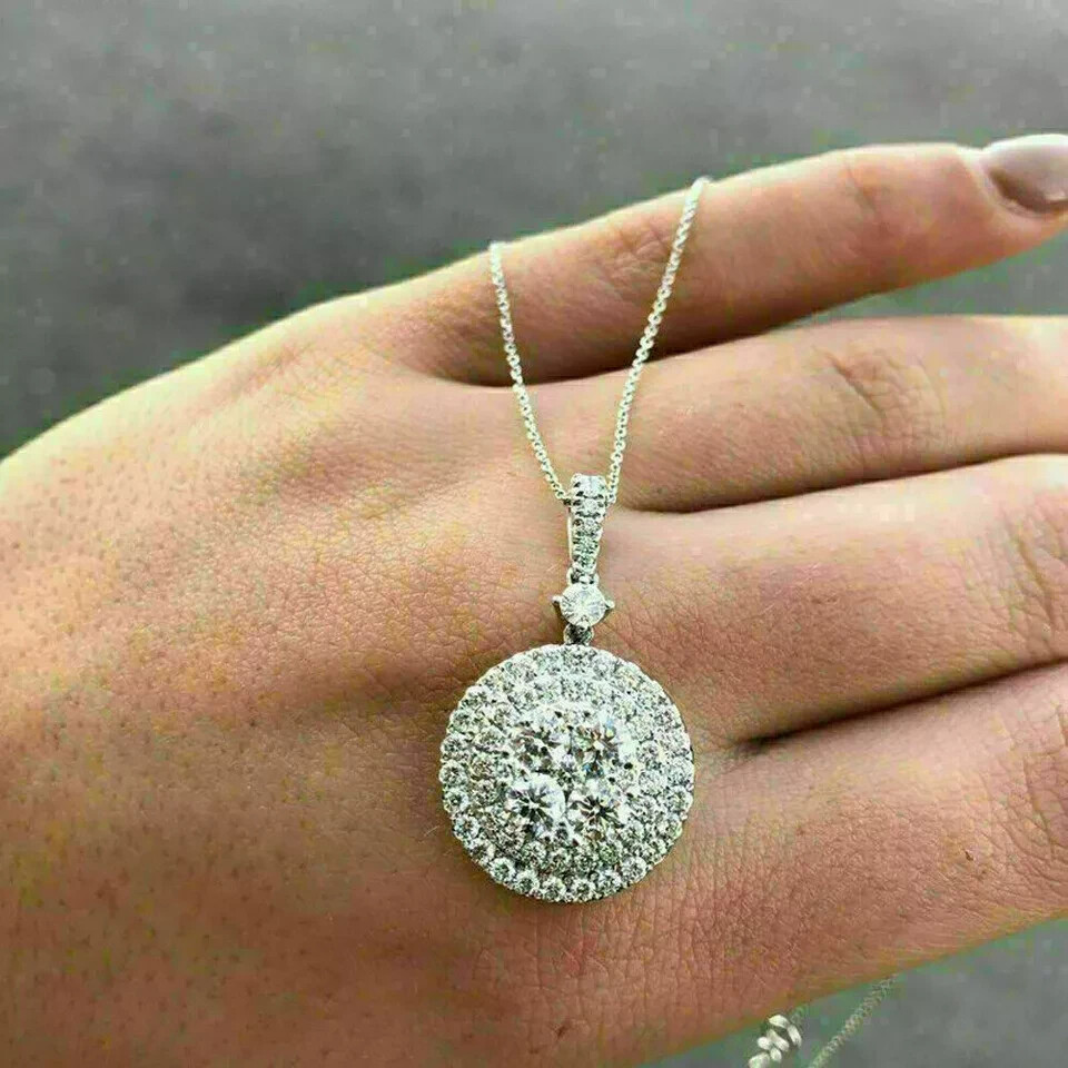 2.00Ct Round Cut VVS1/D Diamond Cluster Pendant 14K White Gold Finish Free Chain