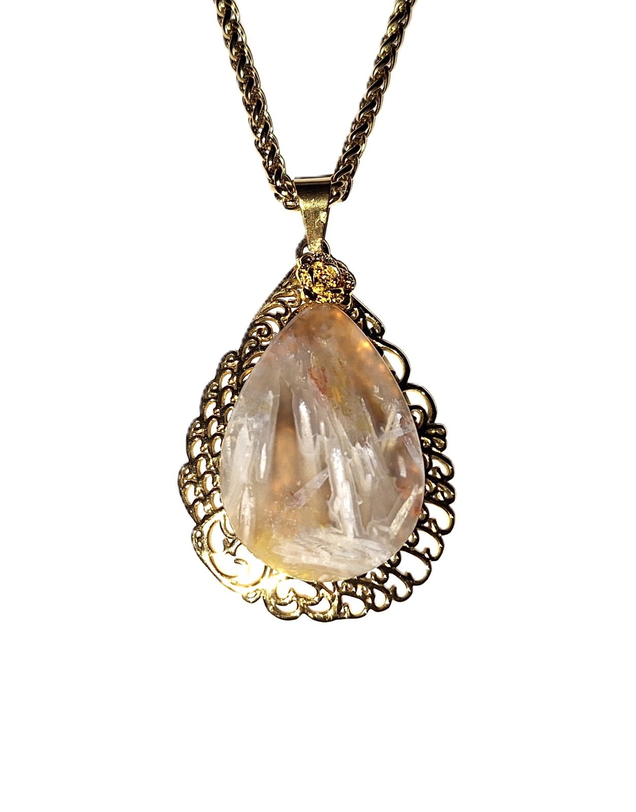 Beautiful Stick Agate Tear Drop Cabchon Necklace Gold Plated 23