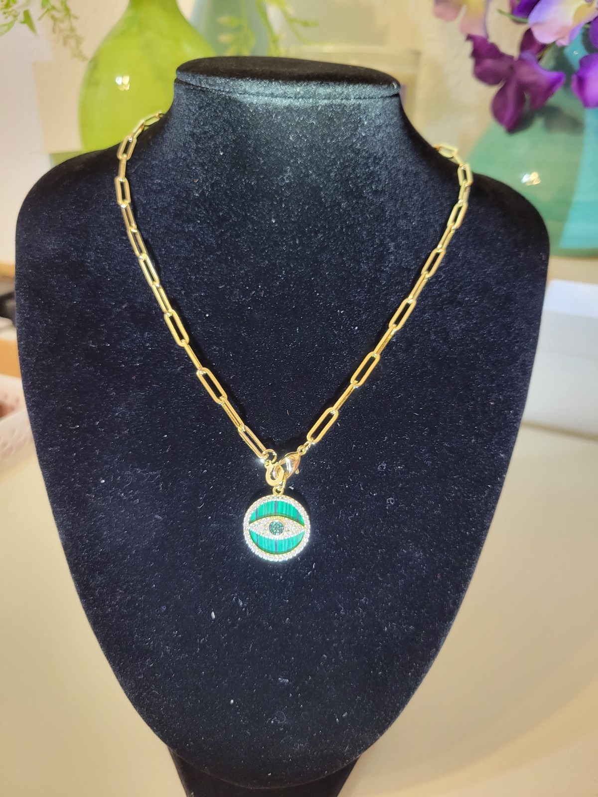 Gold Filled Evil Eye Medallion Paperclip Chain Charm Holder Necklace