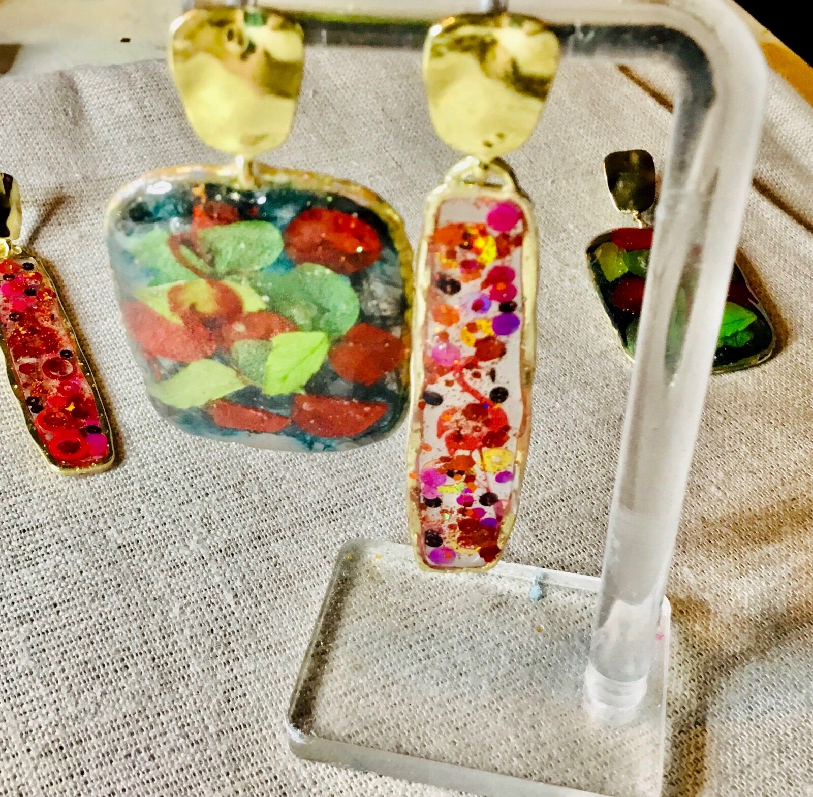 Flamingo Drop Earrings with Real Flowers, Colorful Confetti Earrings set of 2