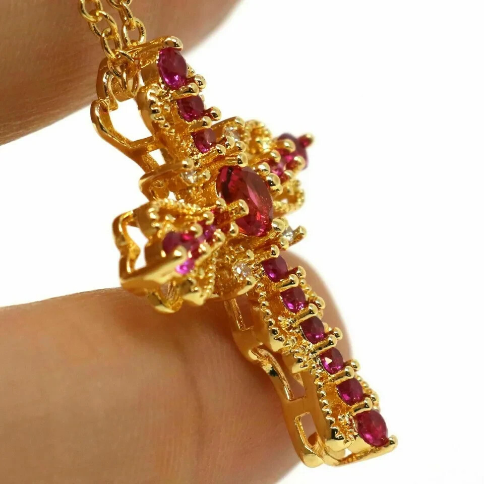 3Ct Round Cut Red Ruby Diamond Cross Pendant 14K Yellow Gold Over