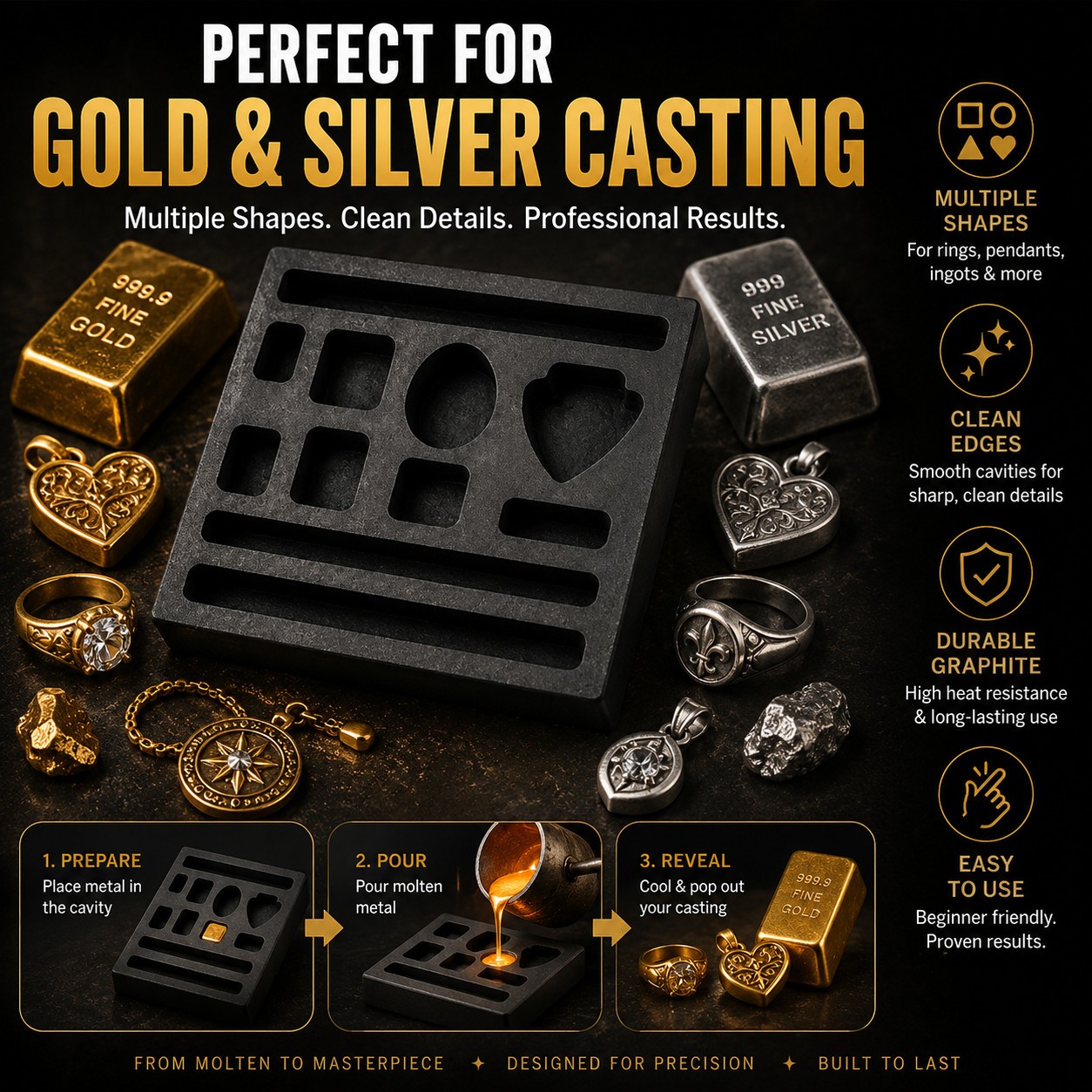 Graphite Ingot Casting Mold 4x4in Gold Silver Copper Bar Coin Tool Block Set Die